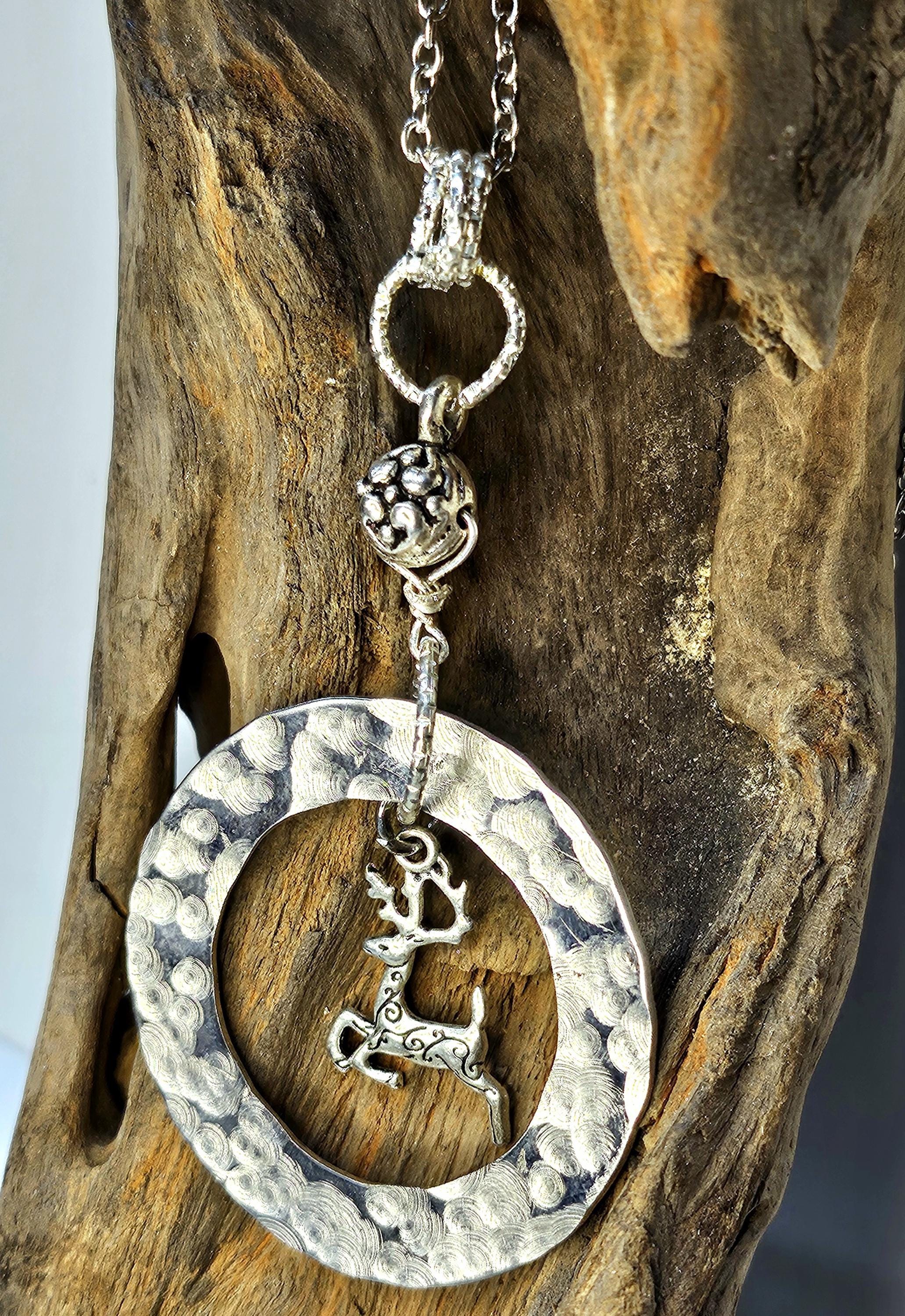 Hand Textured Rustic Boho Deer Charm Pendant Necklace  Unique Handmade Jewelry Gift for Her with Free Shipping  Woodland Goddess
