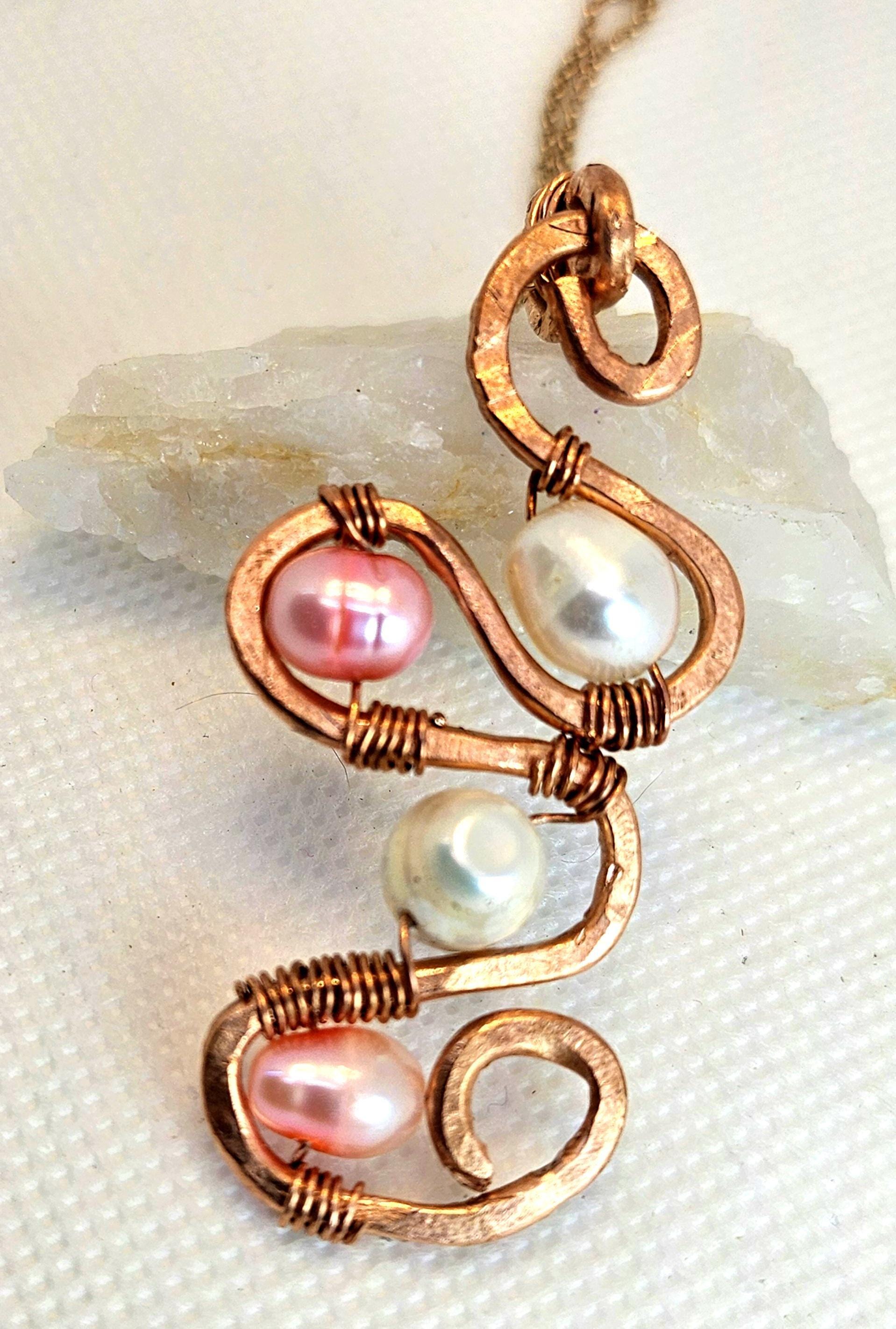 Natural Freshwater Pearl & Copper Pendant Rustic Boho Handmade Jewelry Gift for Her Free Shipping | Rustic Boho Jewelry #398