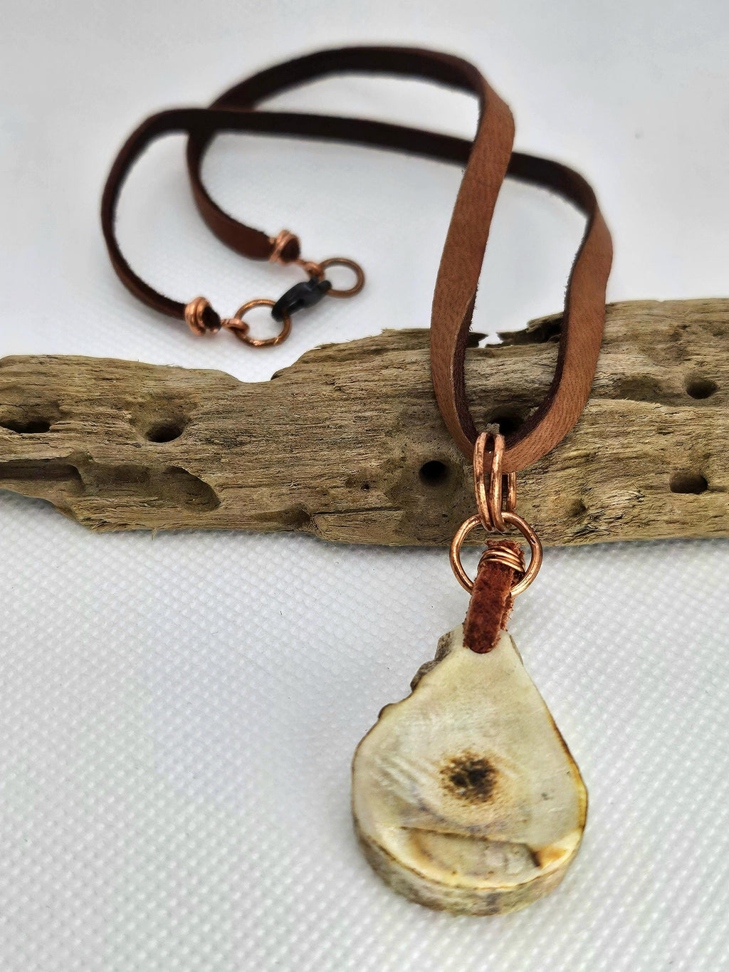 Natural Deer Antler Slice Pendant Necklace with Bullet Brass  Pink Tourmaline Accents on Leather Cord - Eco-Chic Woodland Jewelry