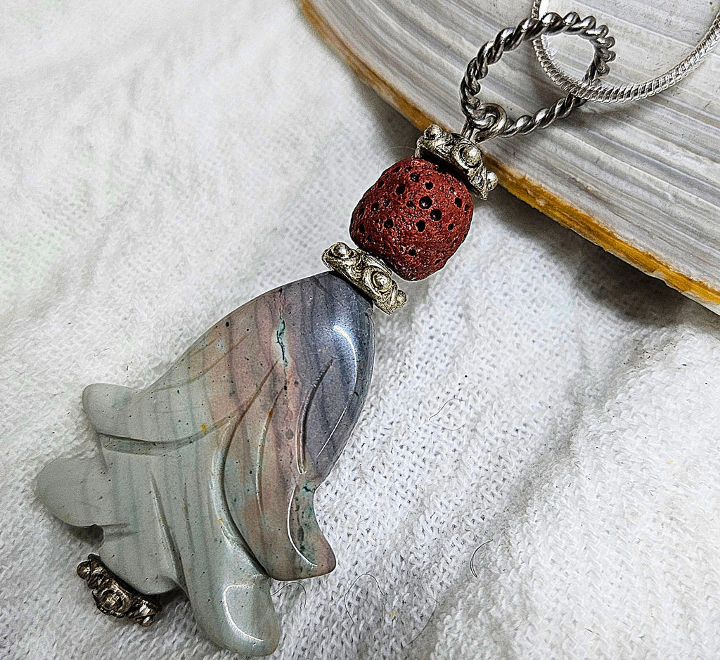 Ocean Jasper  Lava Stone Pendant Necklace on 16 Stainless Steel Chain - Beachy Earthy Jewelry for Everyday Wear Perfect Gift for Nature