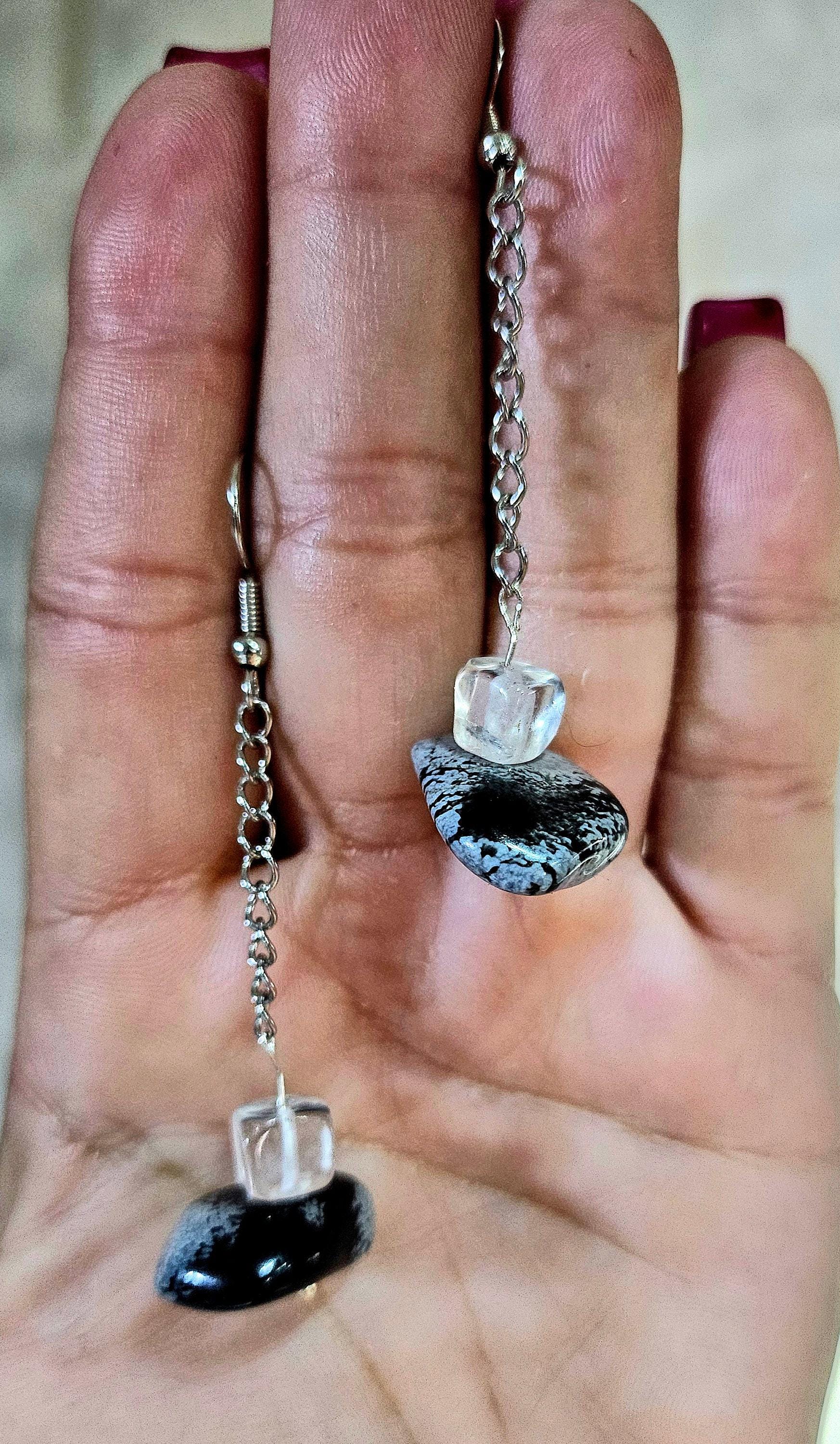Snowflake Obsidian  Chain Drop Earrings Handmade Rustic Boho Jewelry Gift for Her Unique Statement Accessories with Free Shipping