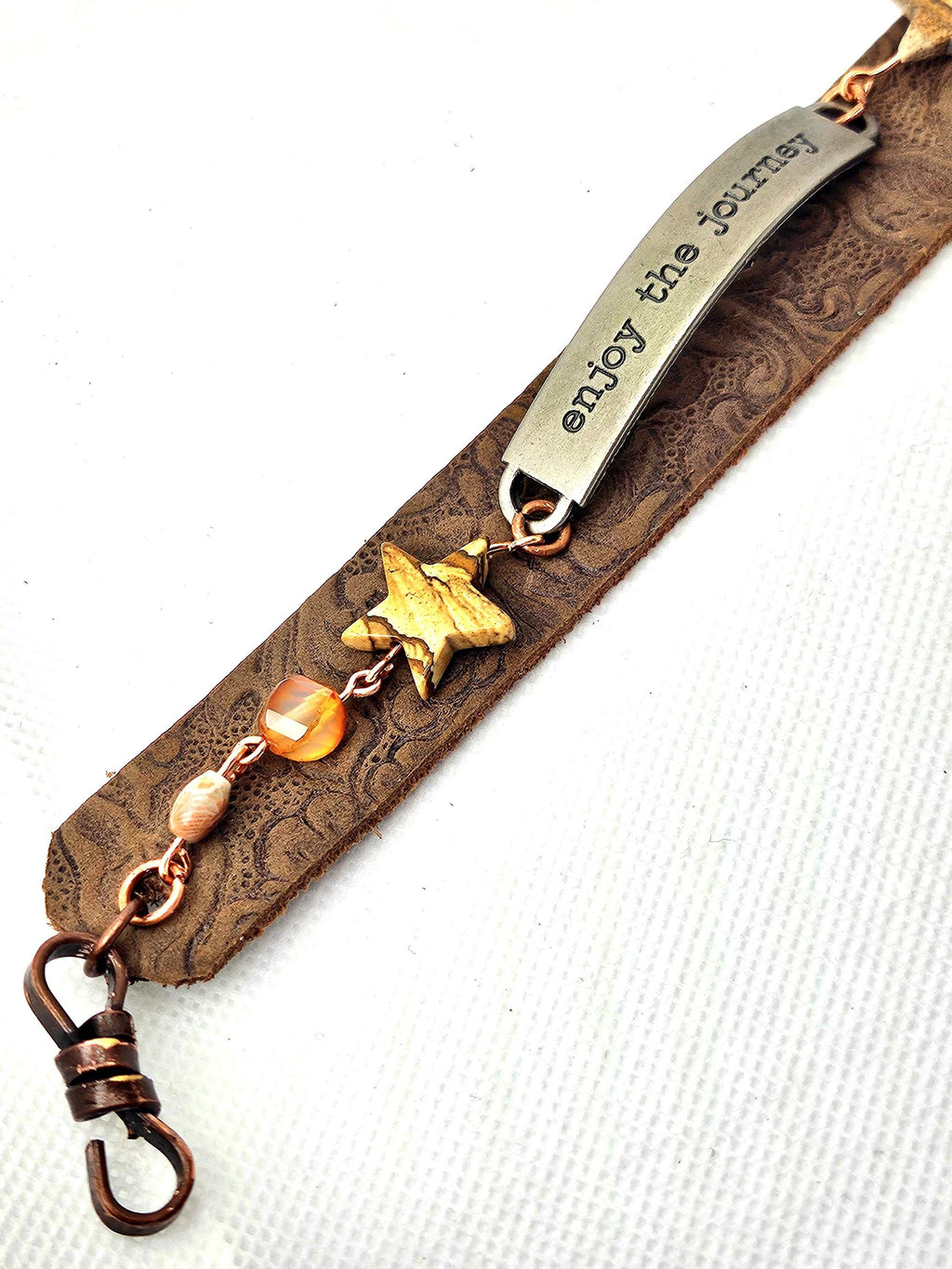 Tooled Leather  Jasper Stone Bracelet with Unique Word Plate Snap Closure for Stylish Comfort  Expression
