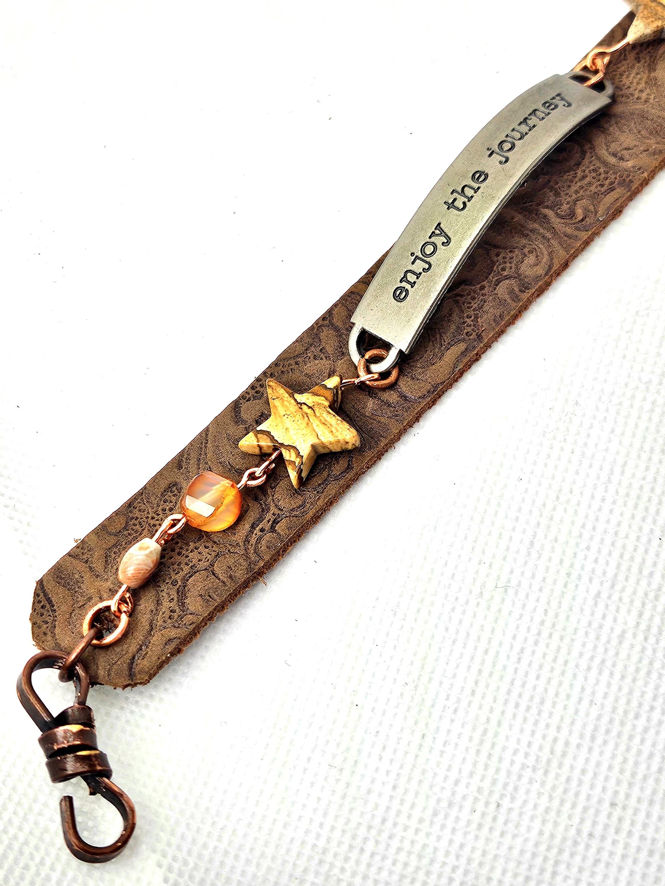 Tooled Leather  Jasper Stone Bracelet with Unique Word Plate Snap Closure for Stylish Comfort  Expression