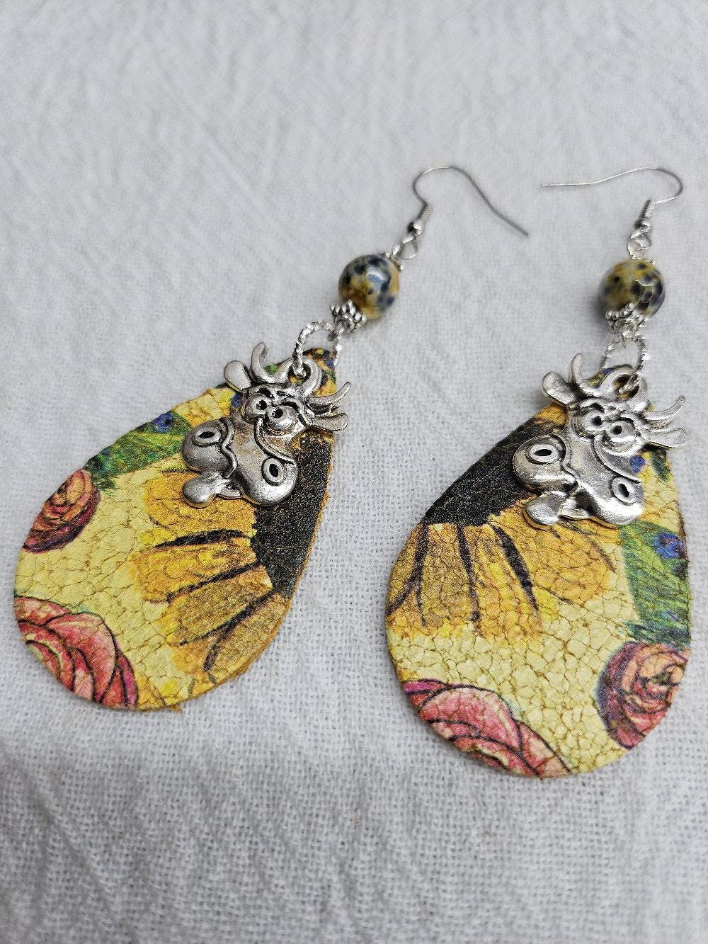 Leather Sunflower  Cow Print Dangle Earrings Handmade Rustic Boho Style Unique Stainless Steel Accessory for Gifting