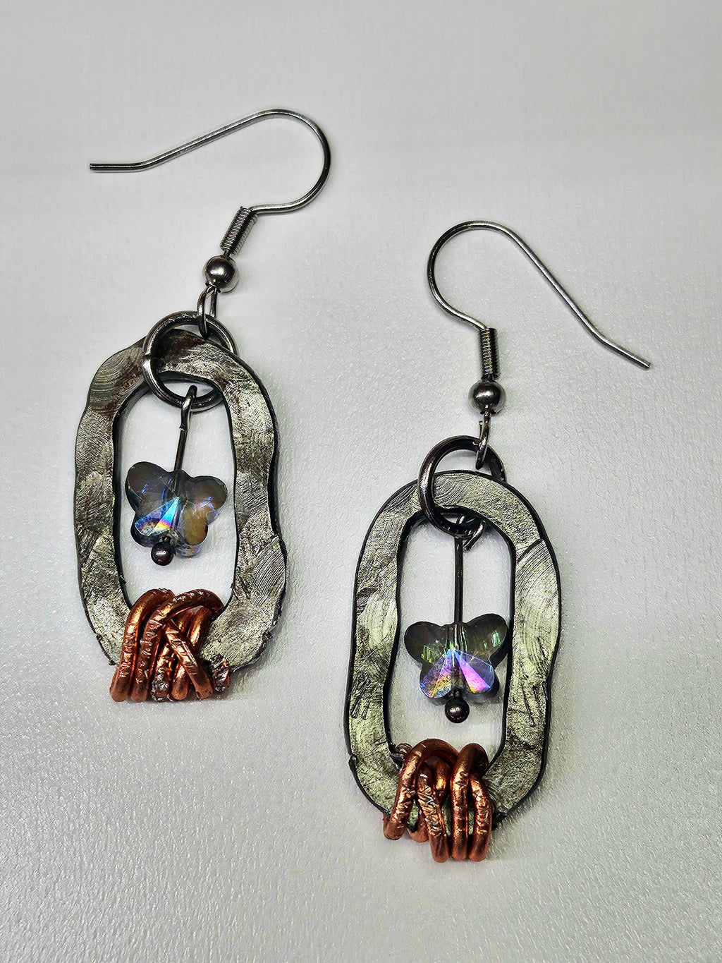 Swarovski Crystal Butterfly Earrings with Textured Metal Links  Stainless Steel Hooks for Everyday Elegance