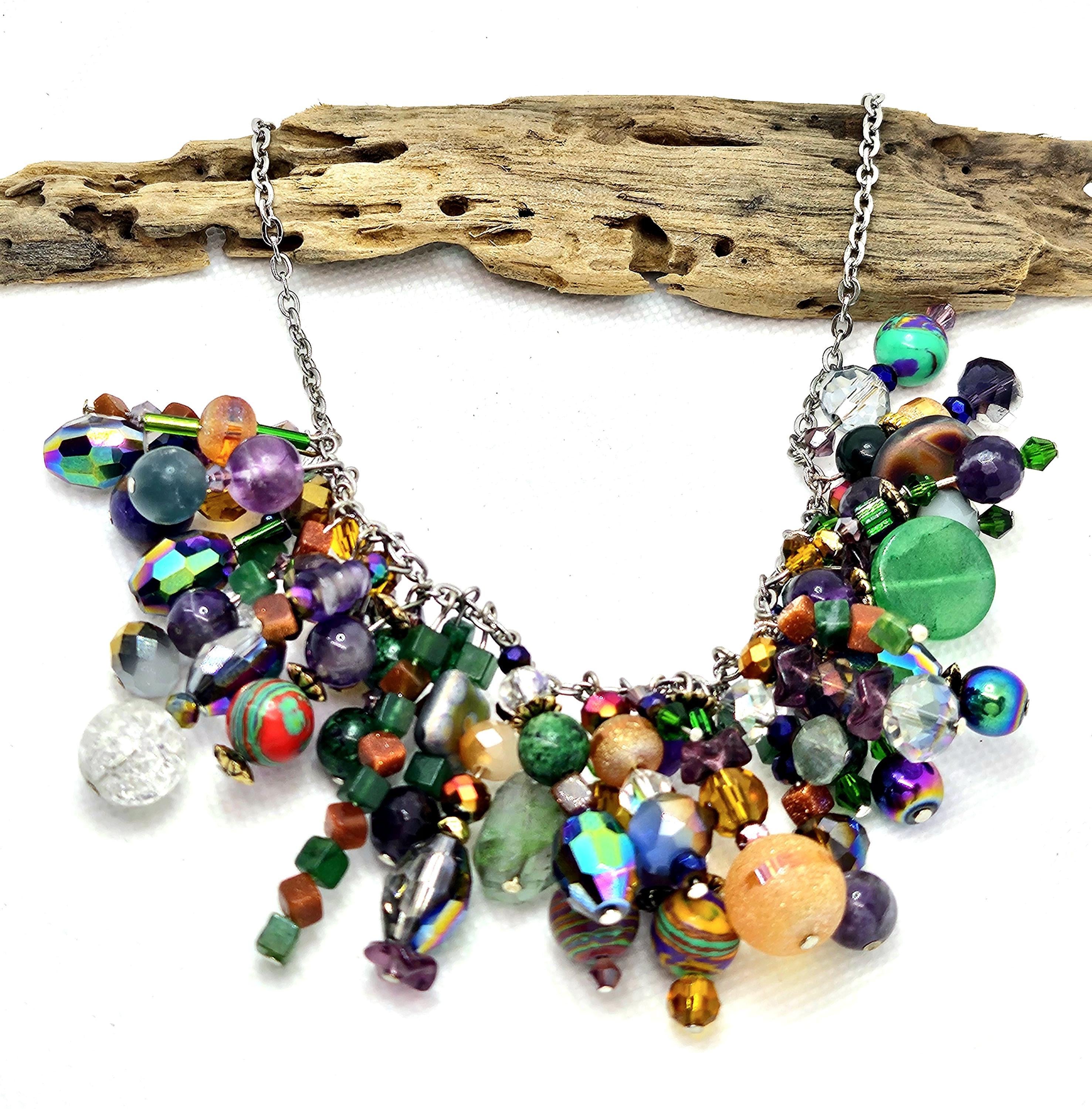 Crystal  Glass Cluster Necklace - Rustic Boho Handmade Jewelry Gift for Her - Free Shipping - Unique Statement Piece for Any Occasion