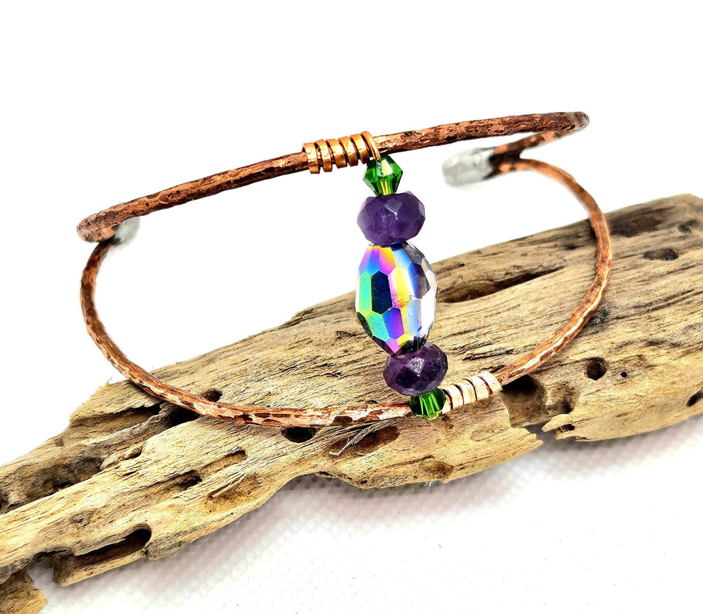 Textured Copper Wire Cuff Bracelet with Crystal Accent  Rustic Boho Handmade Jewelry Gift for Her  Free Shipping Available