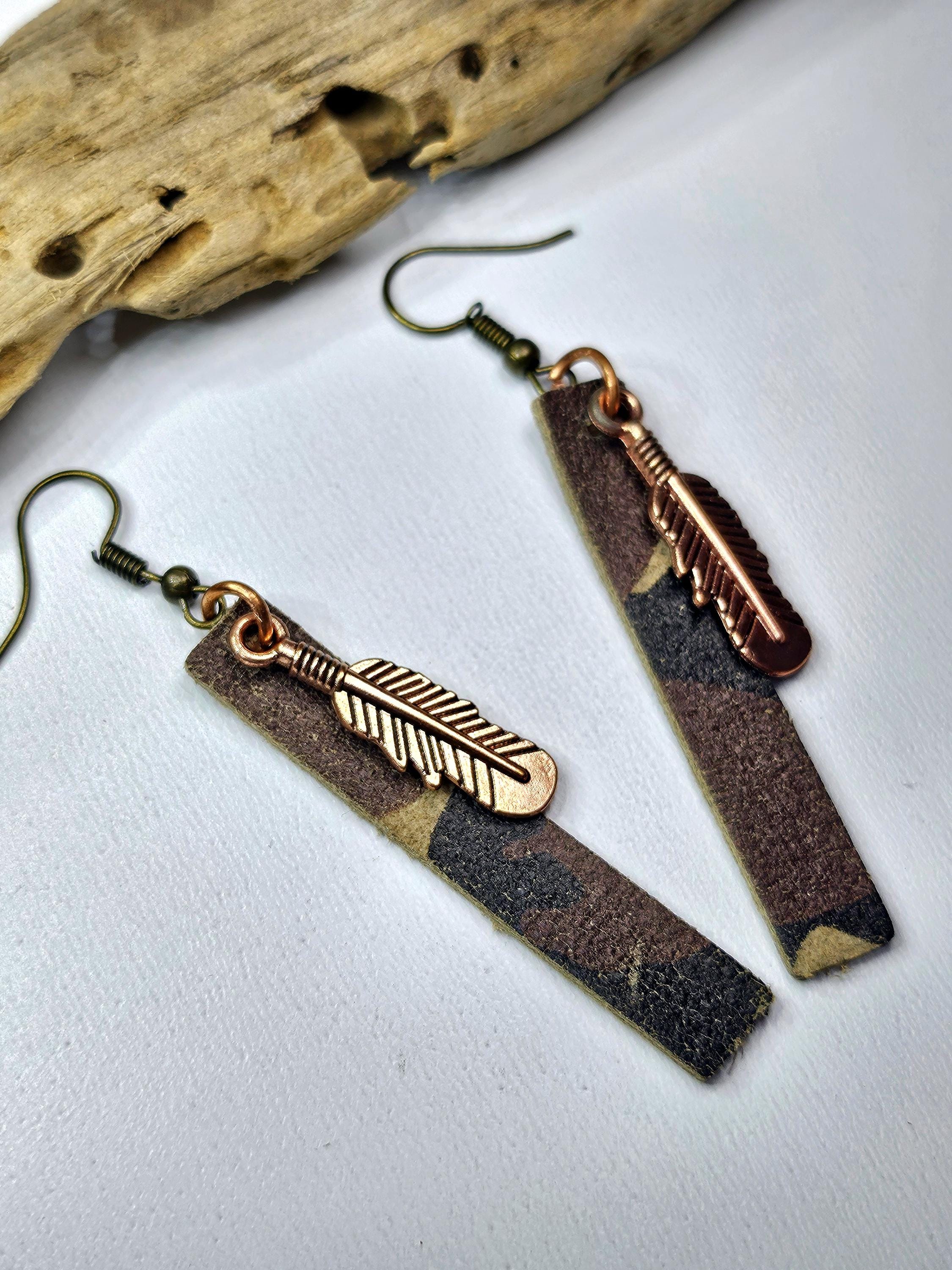 Handcut Camouflage Leather  Feather Charm Earrings with Whimsical Deer Pendant for Unique Style