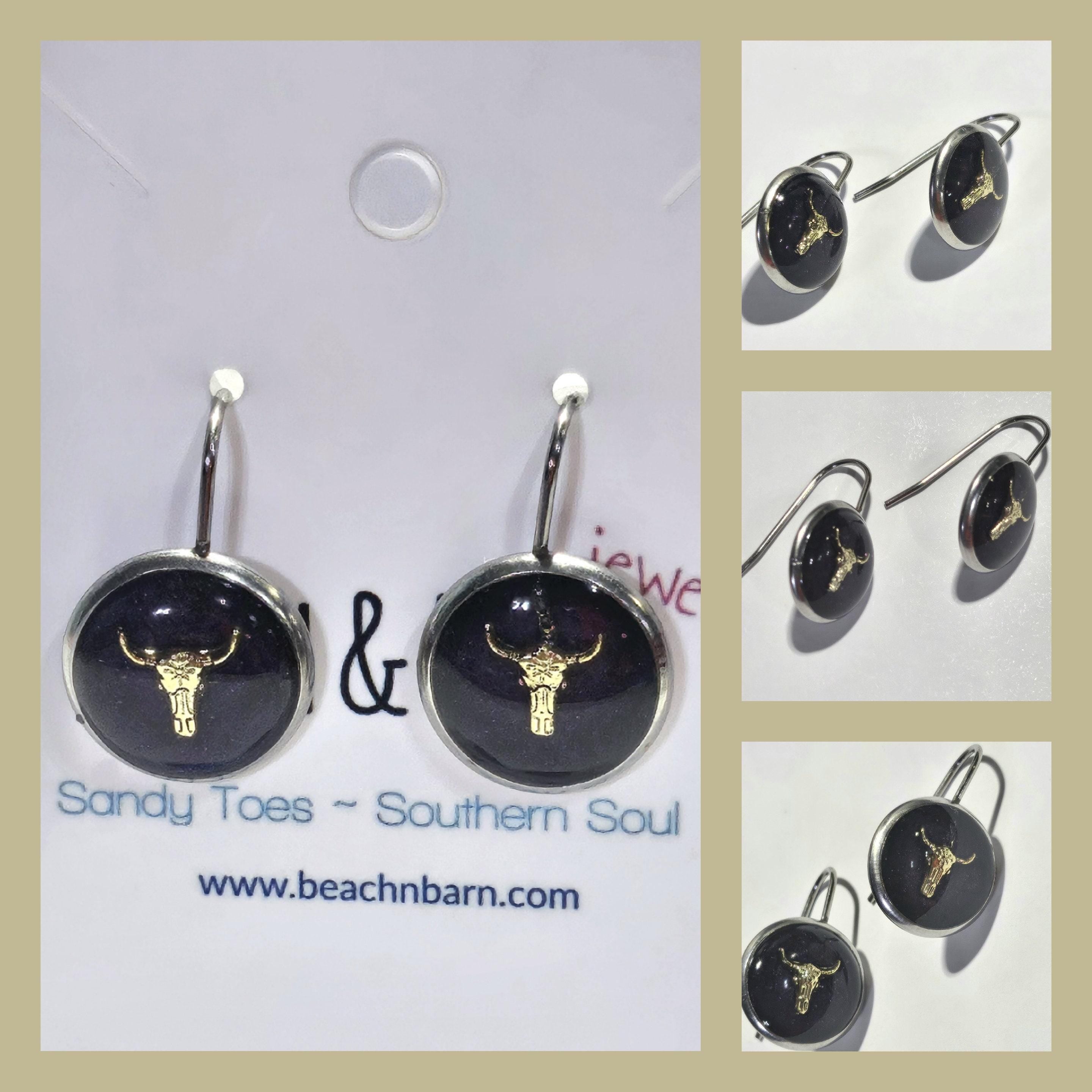 Dark Purple Bull Head Earrings - Rustic Boho Handmade Jewelry Gift for Her - Unique Quirky Accessory with Free Shipping