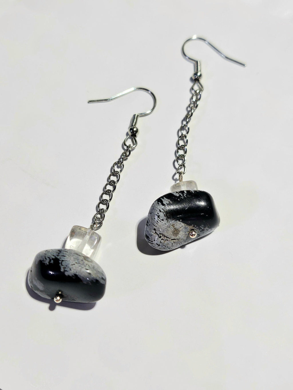 Snowflake Obsidian  Chain Drop Earrings Handmade Rustic Boho Jewelry Gift for Her Unique Statement Accessories with Free Shipping