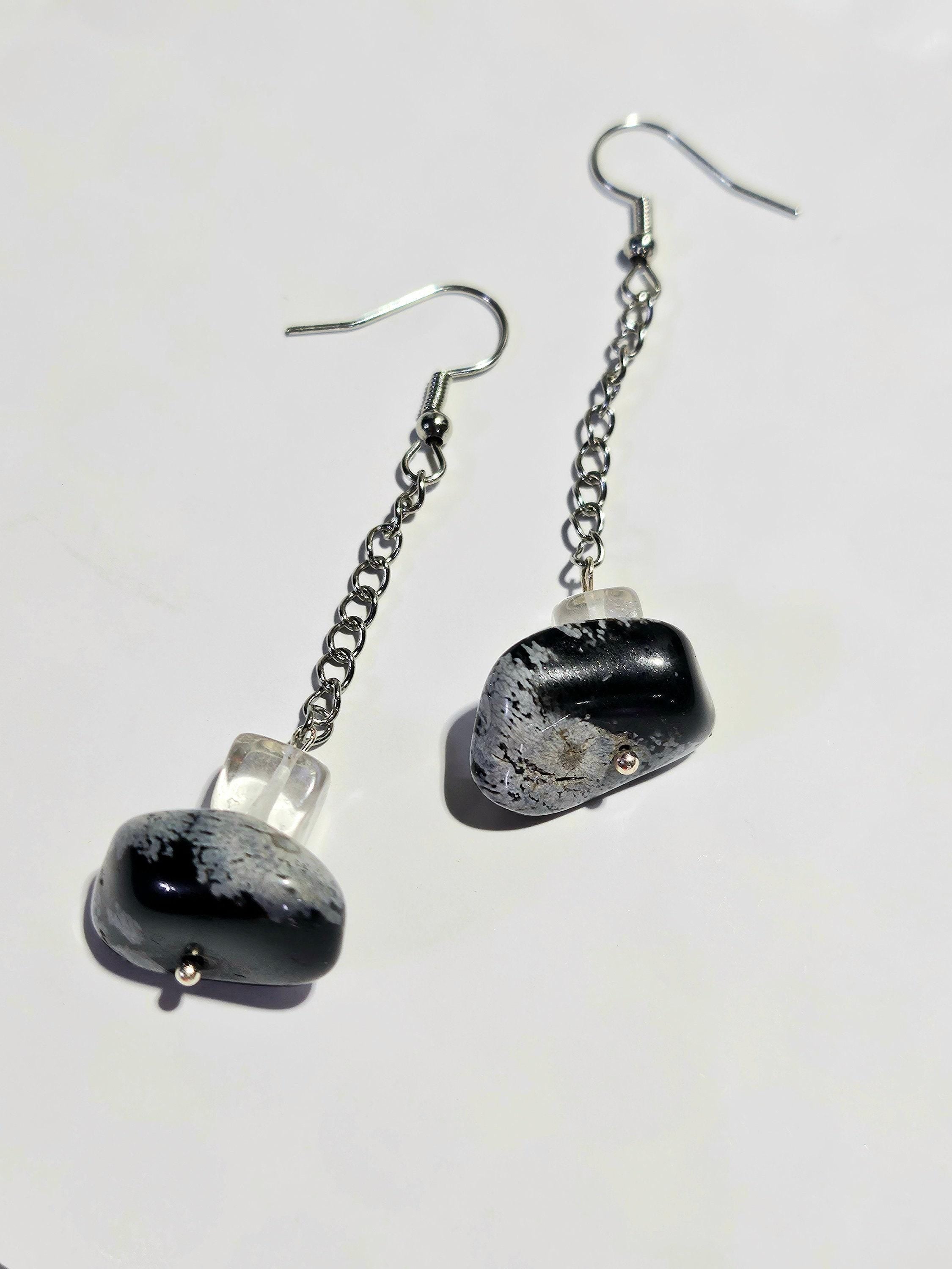Snowflake Obsidian  Chain Drop Earrings Handmade Rustic Boho Jewelry Gift for Her Unique Statement Accessories with Free Shipping