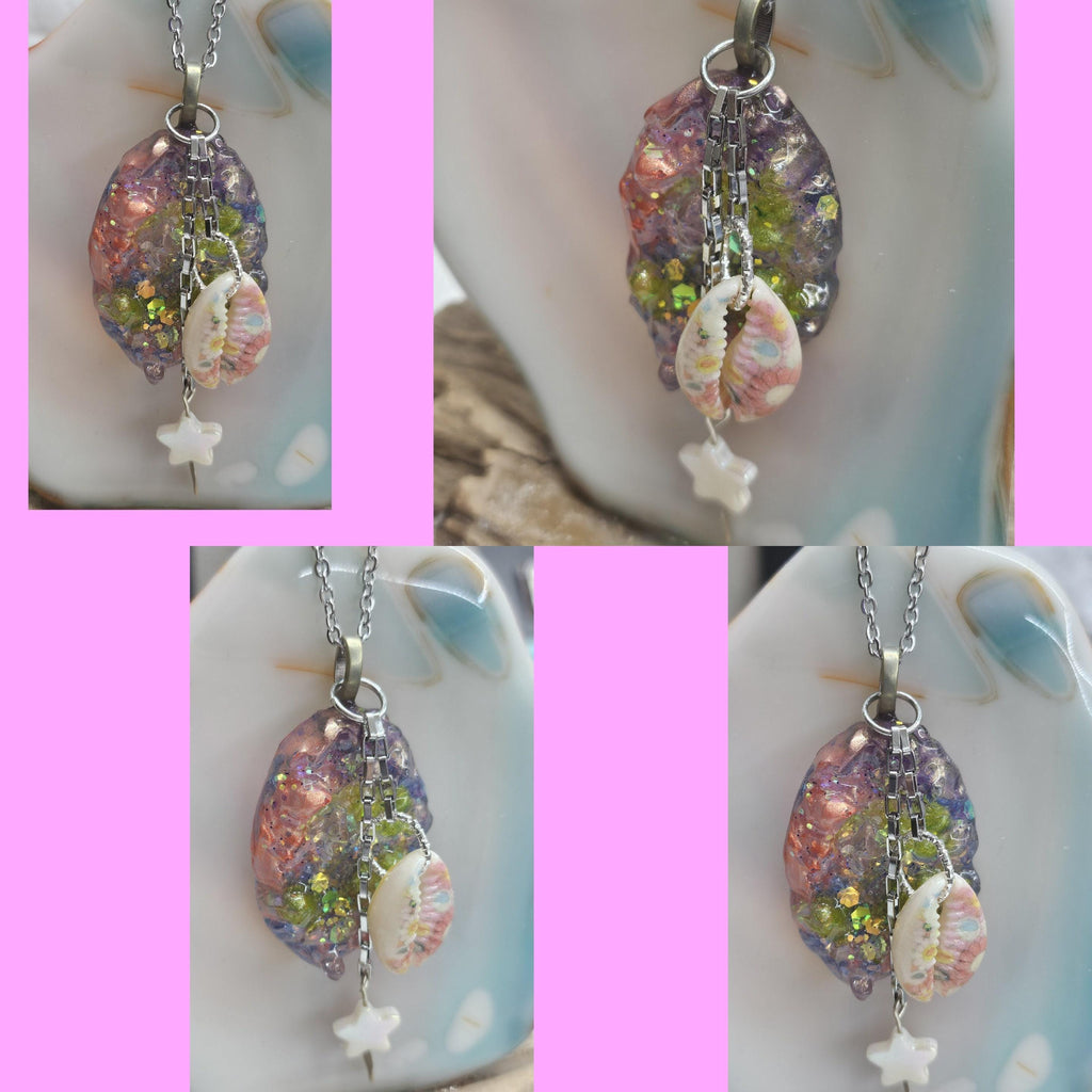 Mother of Pearl  Painted Cowrie Shell Pendant - Rustic Boho Handmade Jewelry Gift for Her - Free Shipping - Unique Statement Necklace