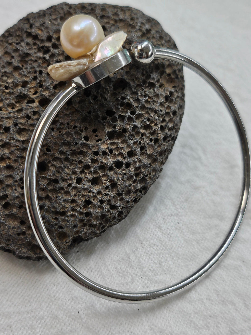 Fresh Water Pearl Bangle Bracelet Rustic Boho Handmade Jewelry Gift for Her Unique Steel  Glass Design FREE Shipping Included