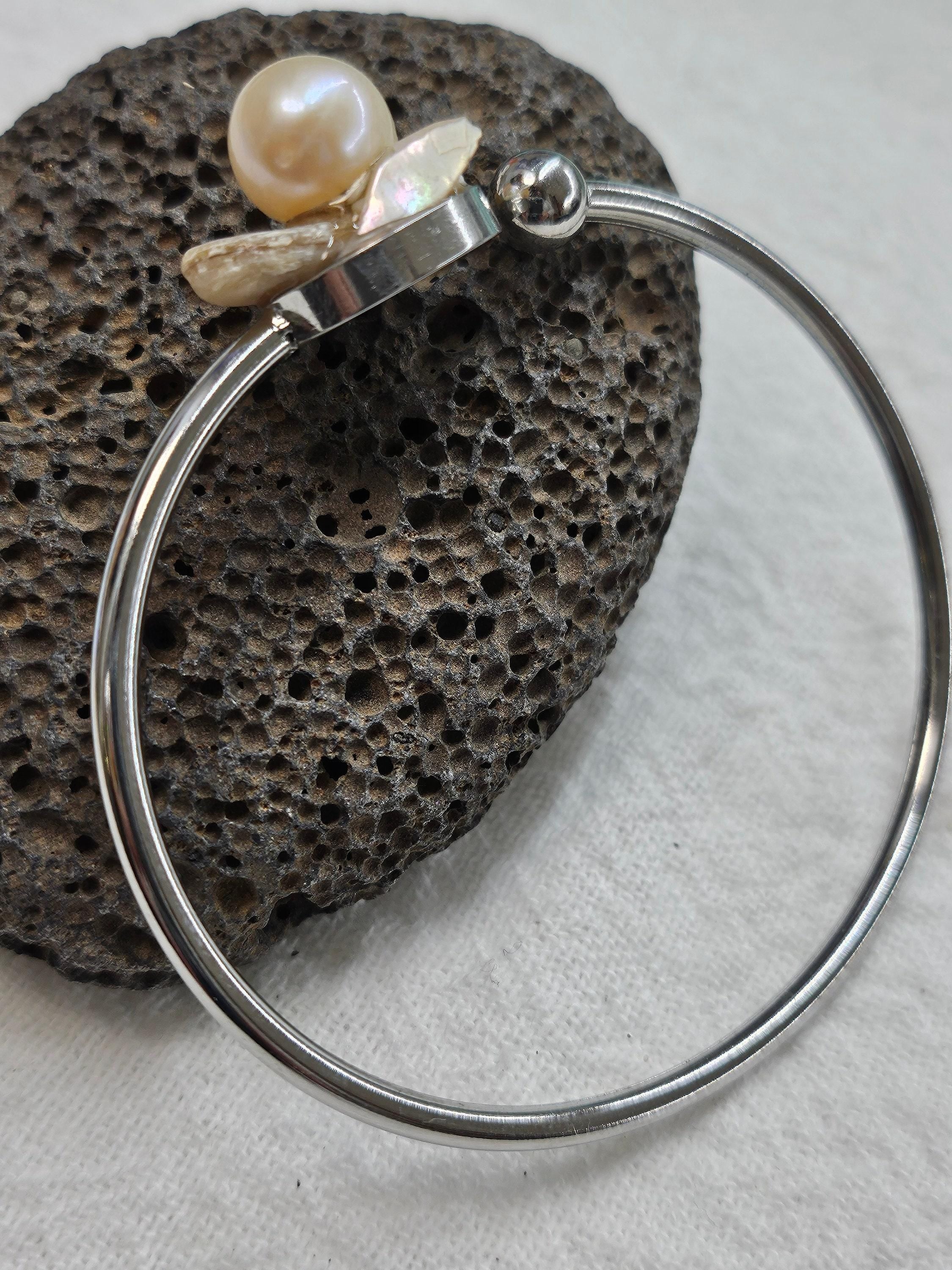Fresh Water Pearl Bangle Bracelet Rustic Boho Handmade Jewelry Gift for Her Unique Steel  Glass Design FREE Shipping Included