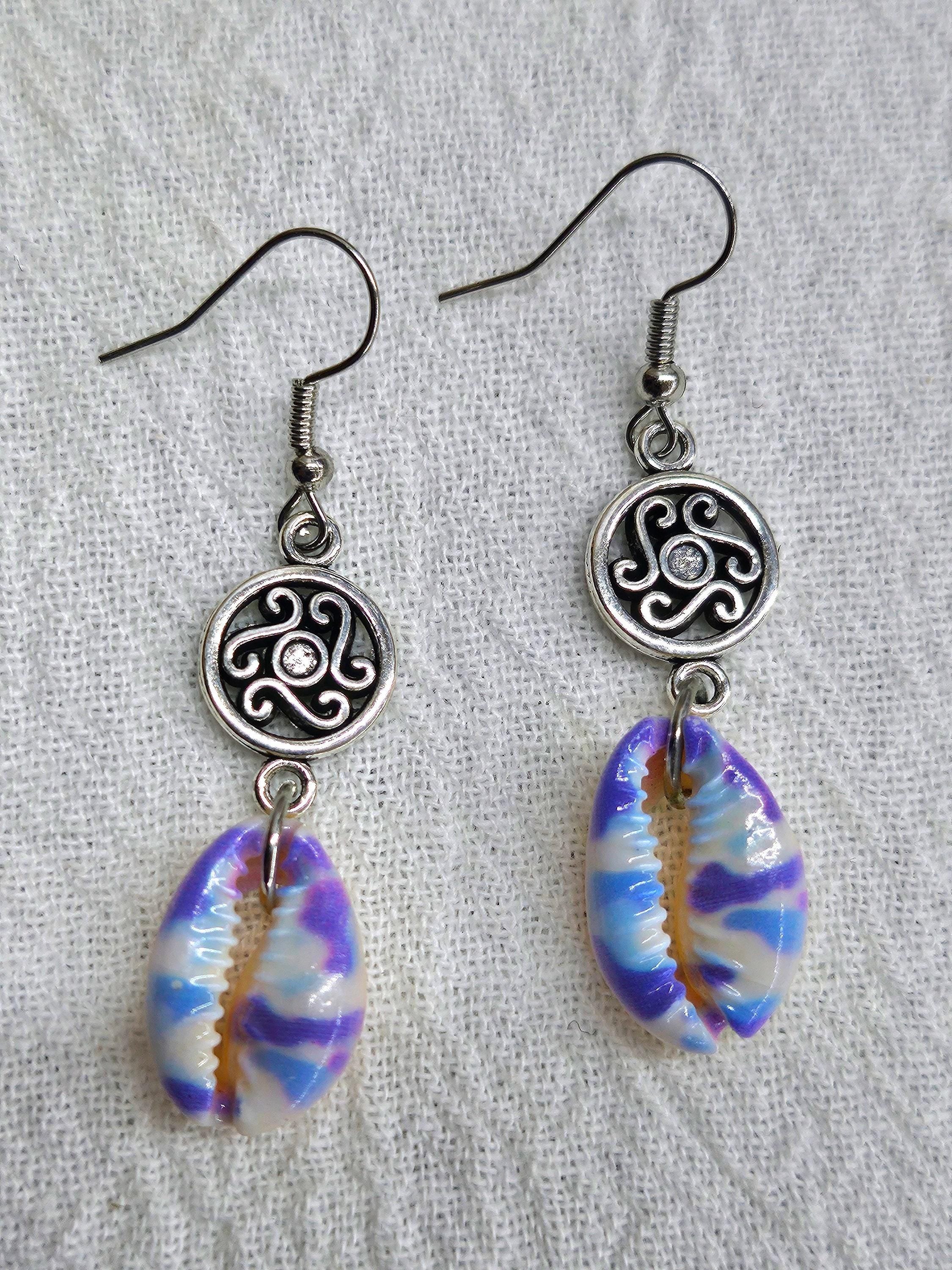 Handmade Painted Cowrie Shell  Charm Earrings  Rustic Boho Jewelry Gift for Her with Free Shipping  Unique Accessory for Beach Days