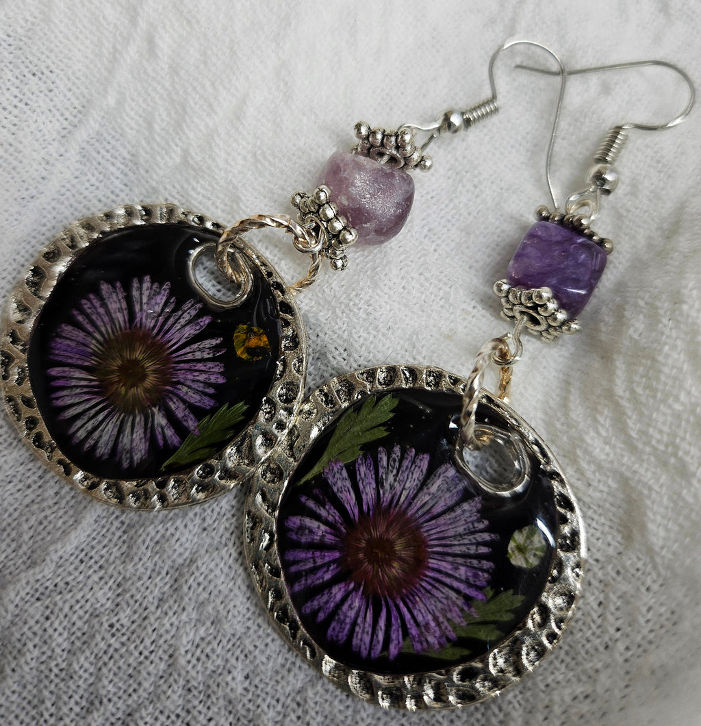 Natural Purple Daisy  Amethyst Drop Earrings for Women - Real Pressed Flowers with Sparkling Stones - Unique Floral Jewelry Gift for Her