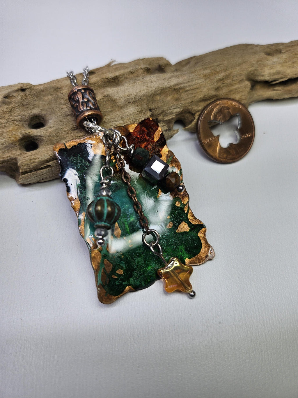 Textured Copper  Ink Stained Pendant Necklace - Rustic Boho Handmade Jewelry Gift for Her - FREE SHIPPING