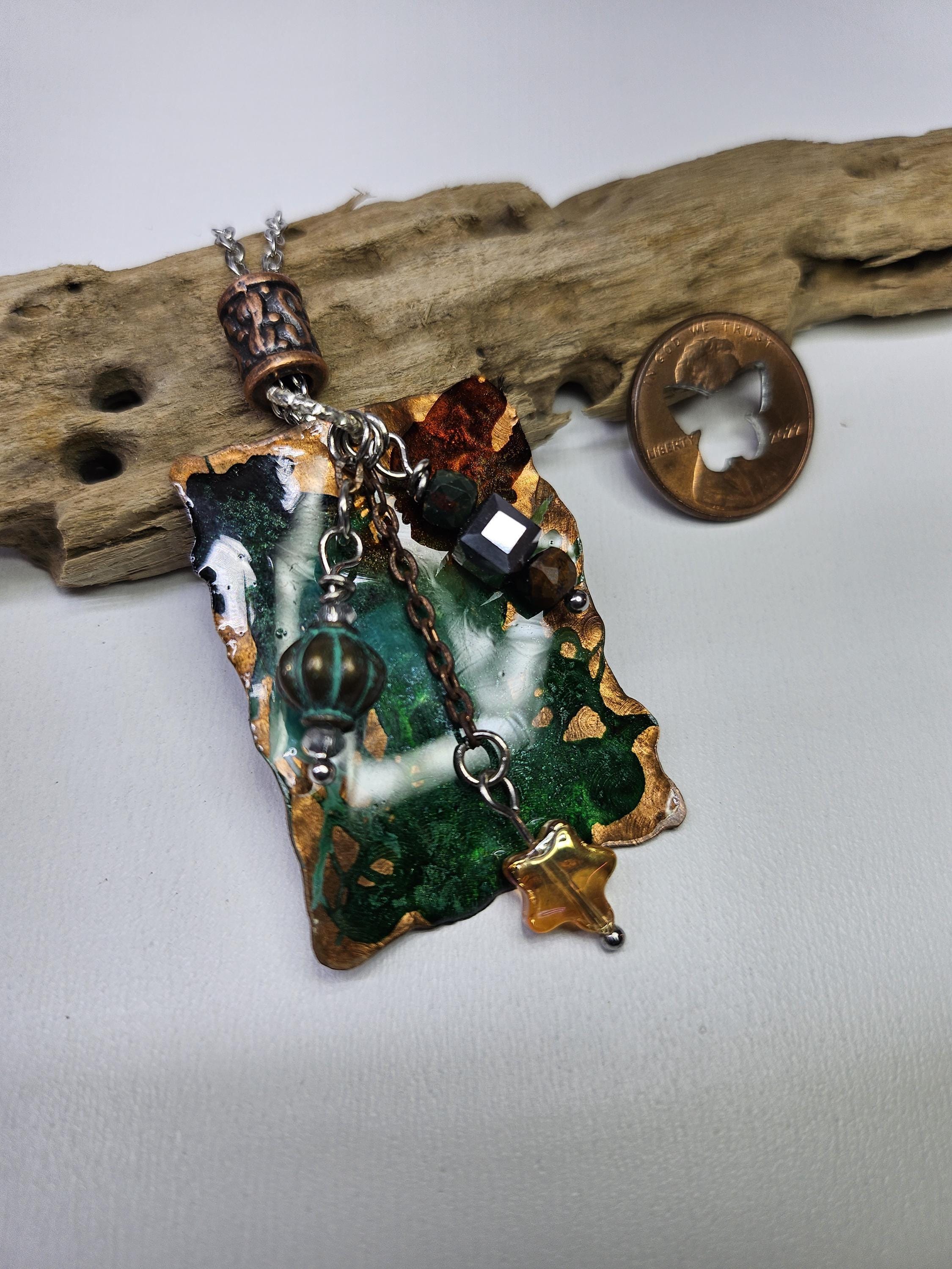 Textured Copper  Ink Stained Pendant Necklace - Rustic Boho Handmade Jewelry Gift for Her - FREE SHIPPING