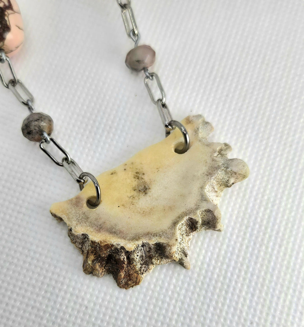 Unique Deer Antler Slice Necklace with Semi-Precious Stones on Stainless Steel Chain - Ethically Sourced Woodland Jewelry for Nature Lovers