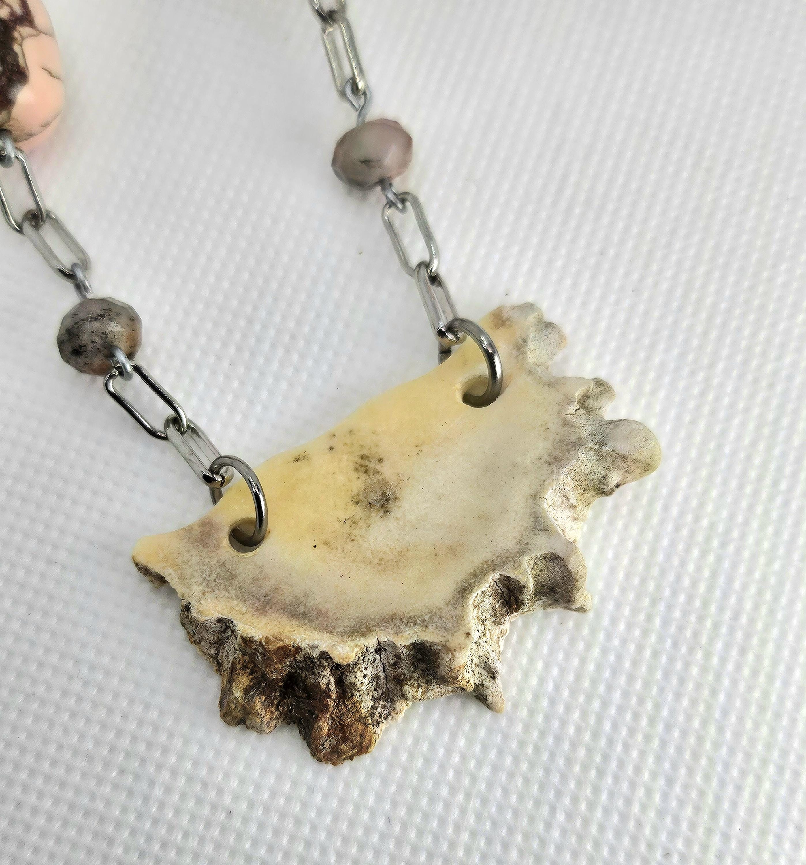 Unique Deer Antler Slice Necklace with Semi-Precious Stones on Stainless Steel Chain - Ethically Sourced Woodland Jewelry for Nature Lovers