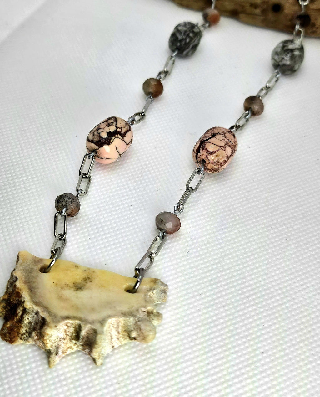 Unique Deer Antler Slice Necklace with Semi-Precious Stones on Stainless Steel Chain - Ethically Sourced Woodland Jewelry for Nature Lovers