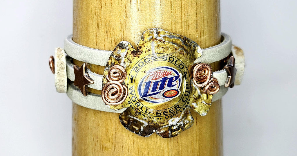Metal Beer Cap Leather Bracelet with Genuine Deer Antler Slice for Rustic Strength Style  Masculinity
