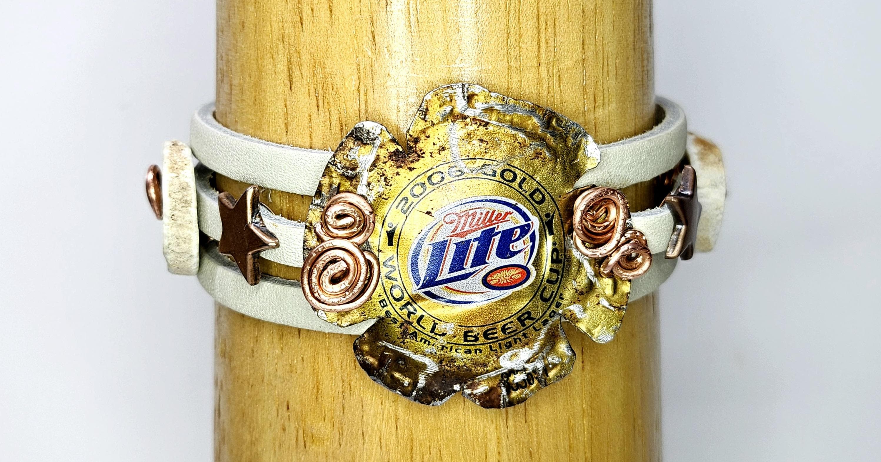 Metal Beer Cap Leather Bracelet with Genuine Deer Antler Slice for Rustic Strength Style  Masculinity