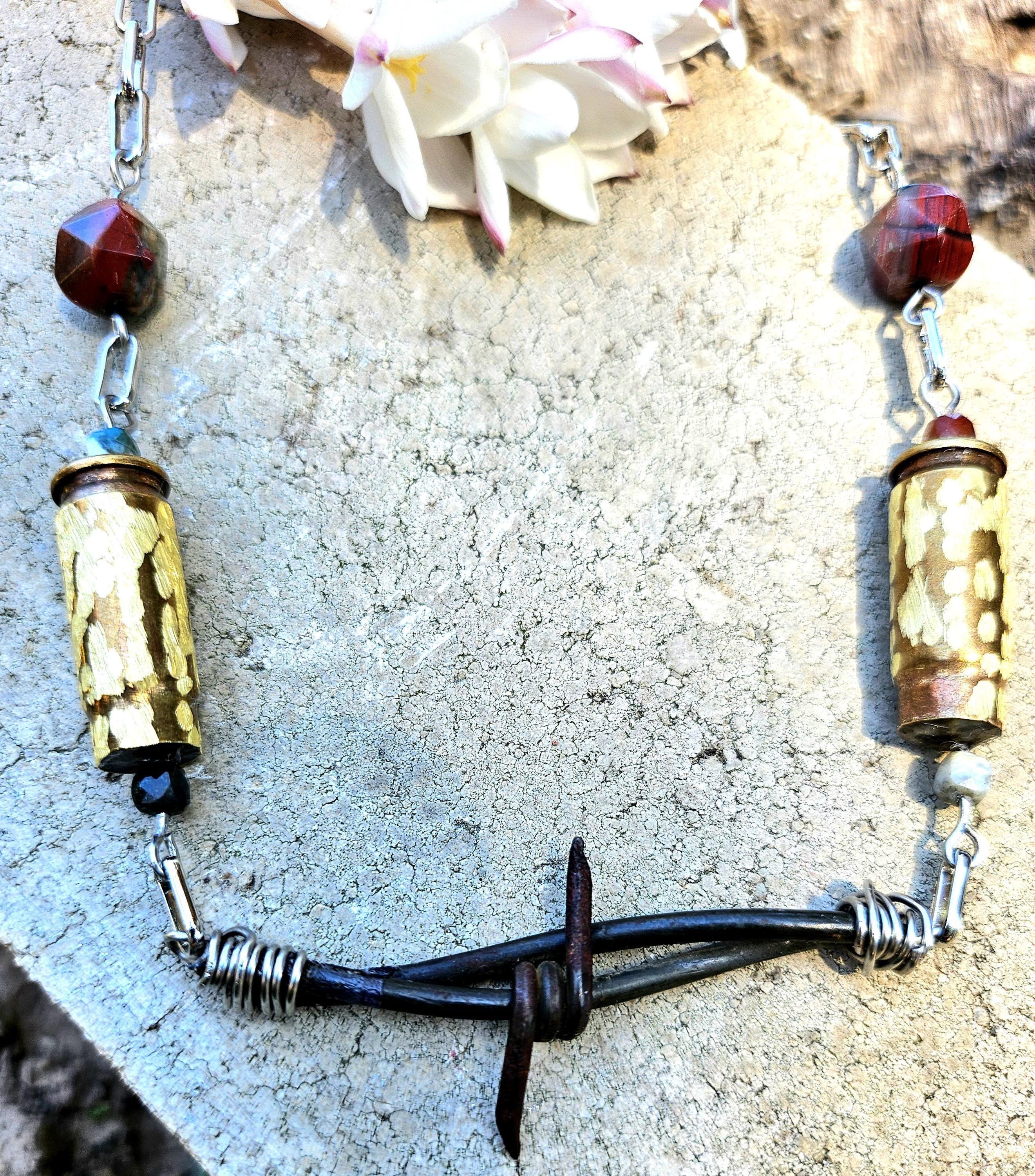 Barbed Wire  40mm Bullet Brass Pendant - Rustic Boho Handmade Jewelry Gift for Her - Unique Conversation Starter - Free Shipping