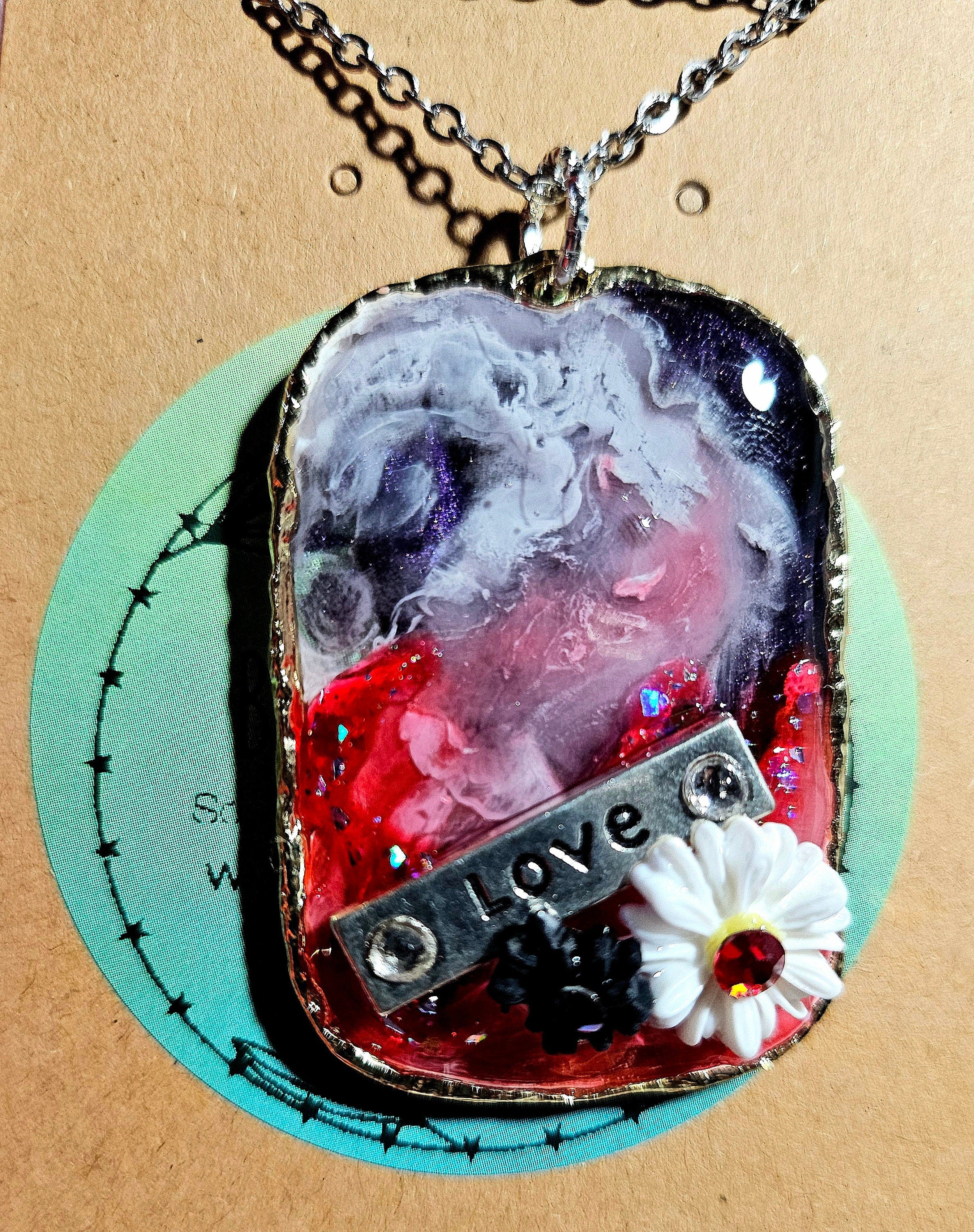 Red White  Blue Resin Pendant Necklace on Durable Stainless Steel Chain for Patriotic Style and Everyday Wear