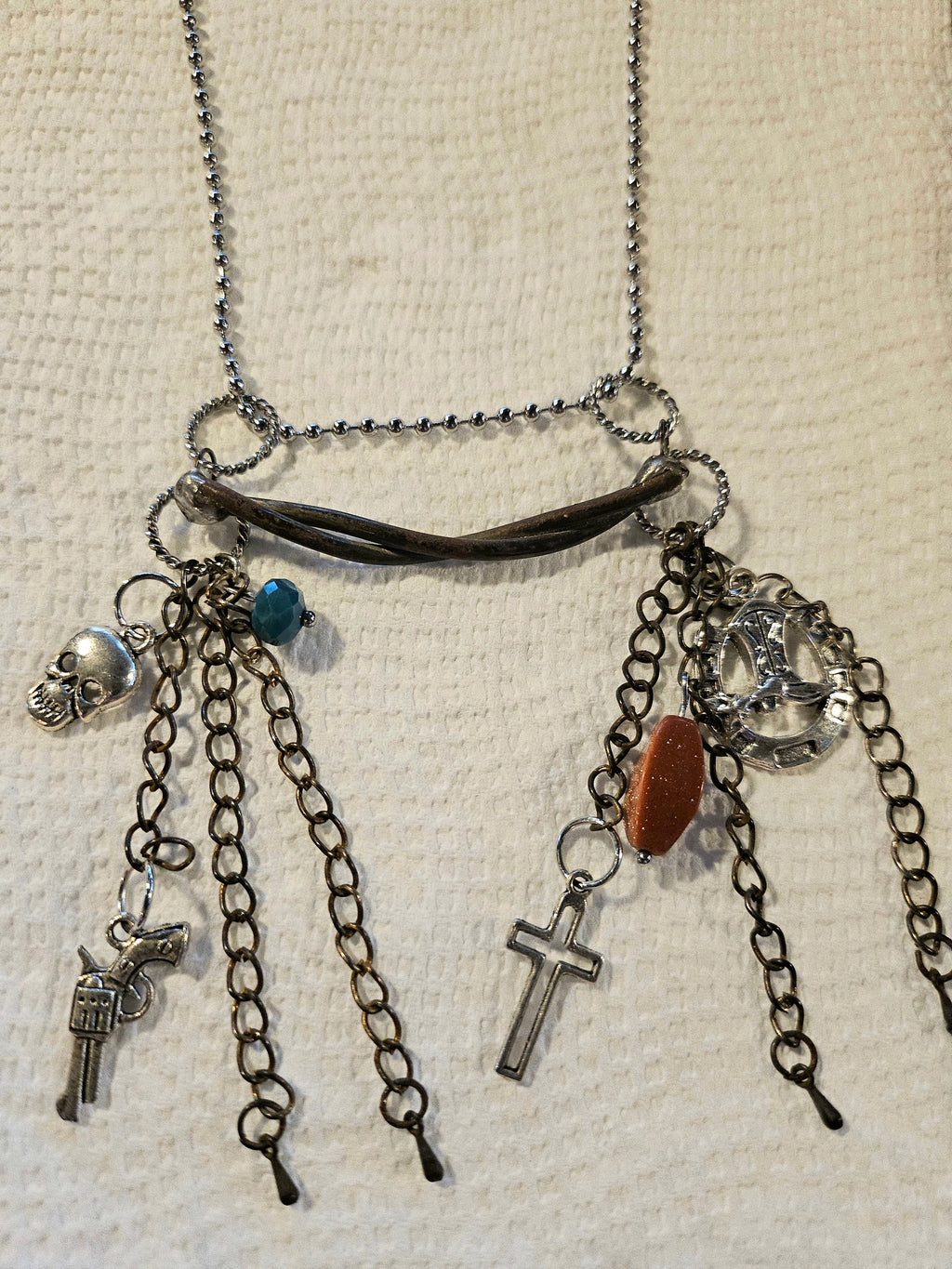 Rustic Bar Necklace with Goldstone  Silver Solder on Stainless Steel Chain - Unique Handmade Jewelry for Rustic Charm