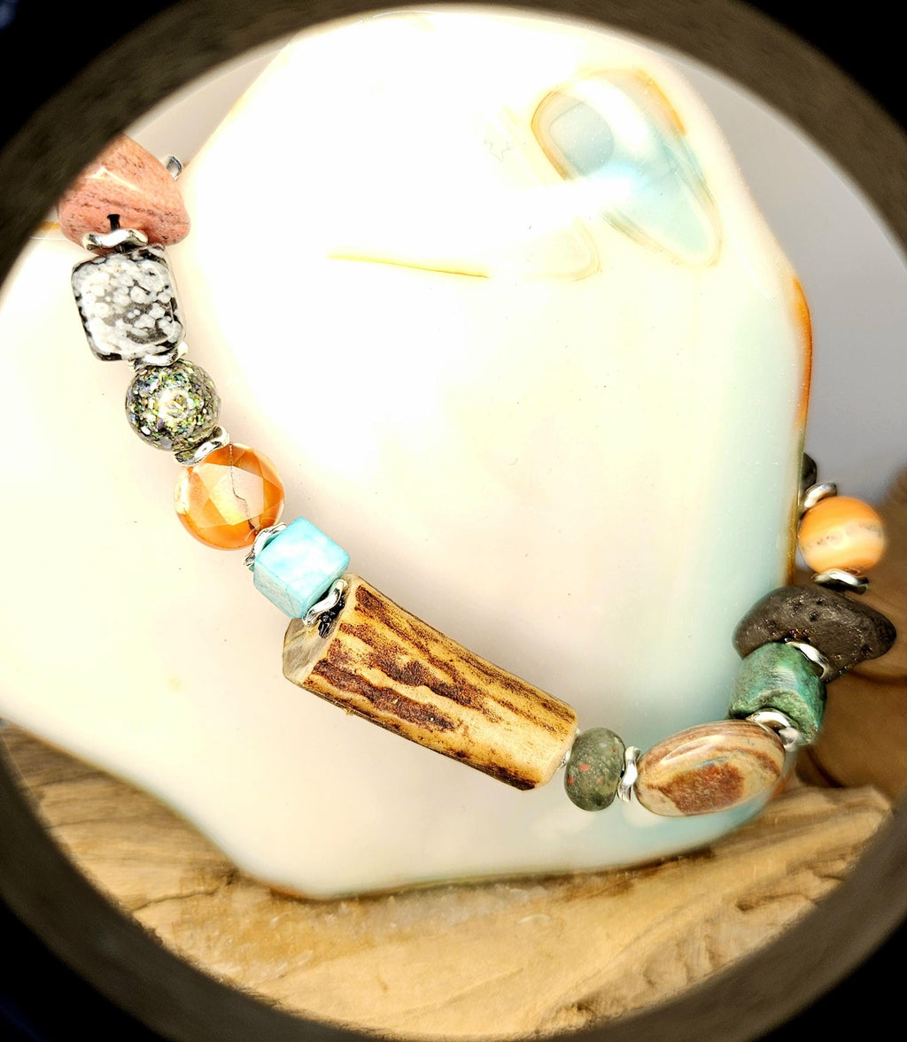 Multi-Gem Stone  Ceramic Deer Antler Bracelet Rustic Boho Handmade Jewelry Gift for Her Unique Nature-Inspired Accessory with Free Shipping