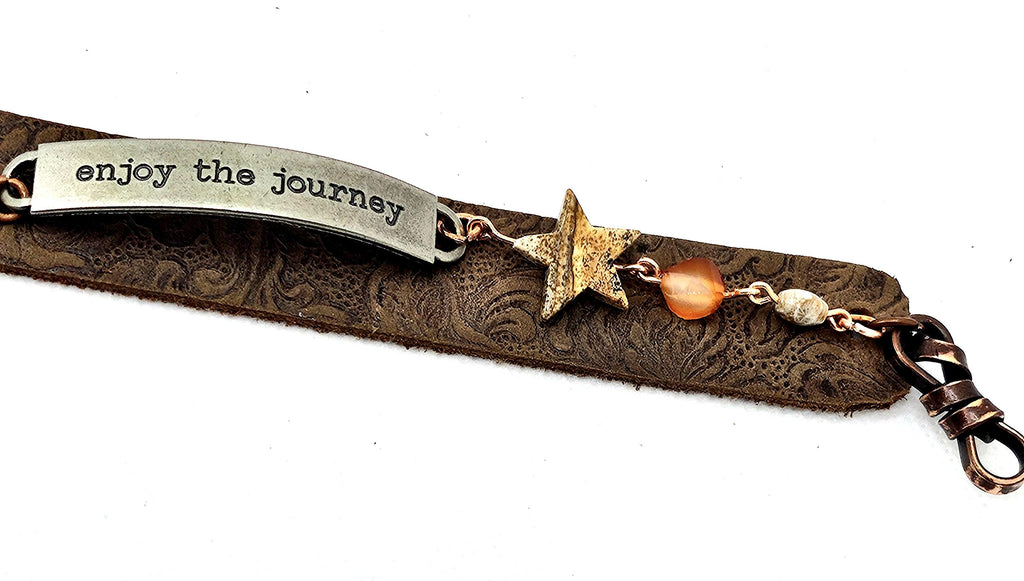 Tooled Leather  Jasper Stone Bracelet with Unique Word Plate Snap Closure for Stylish Comfort  Expression