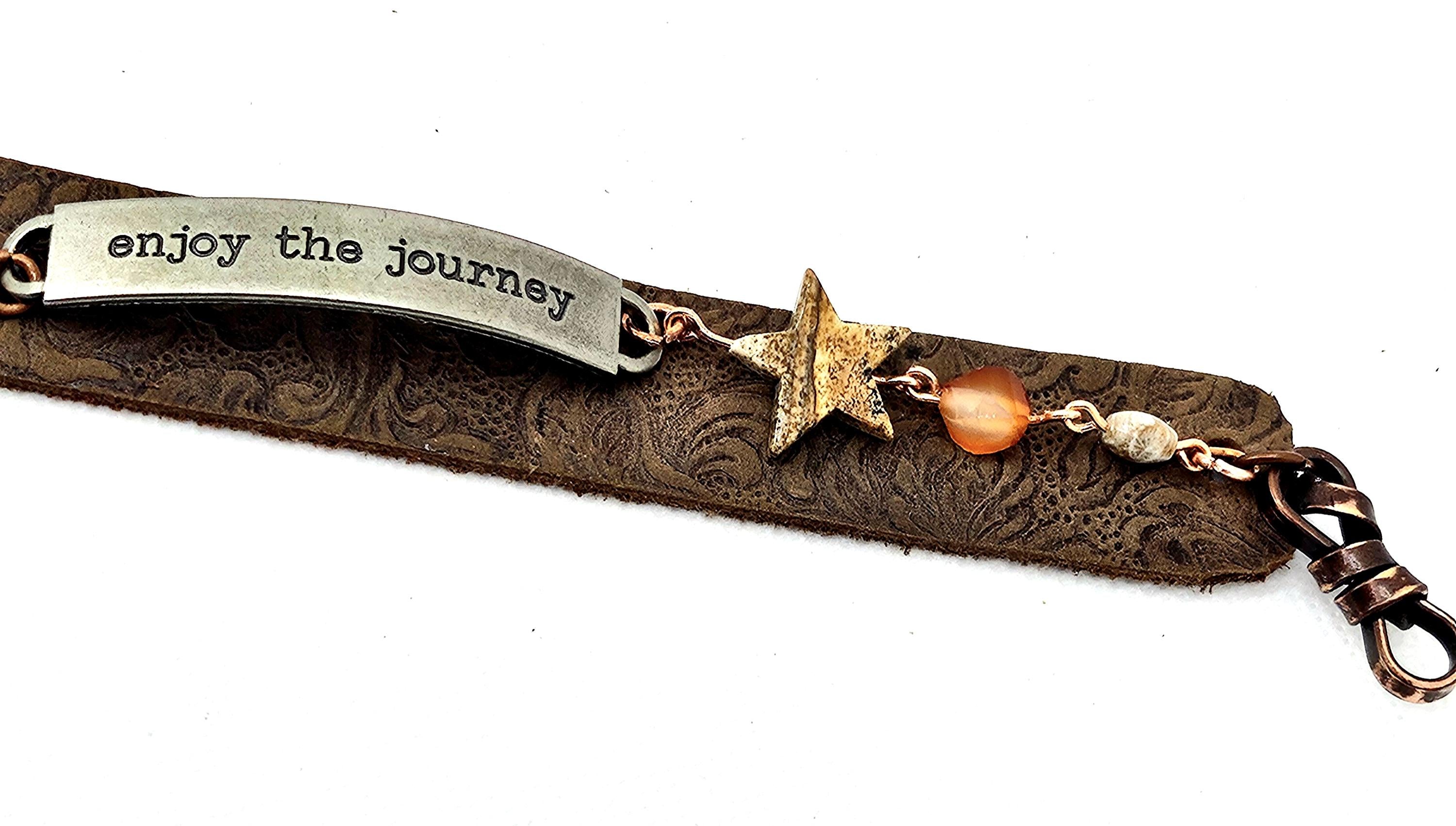 Tooled Leather  Jasper Stone Bracelet with Unique Word Plate Snap Closure for Stylish Comfort  Expression