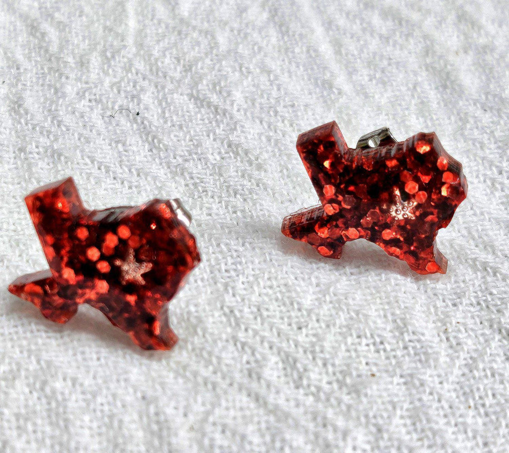 Texas Resin Stud Earrings with Glitter  Stainless Steel Post - Handmade Rustic Boho Jewelry for Everyday Wear Perfect Gift