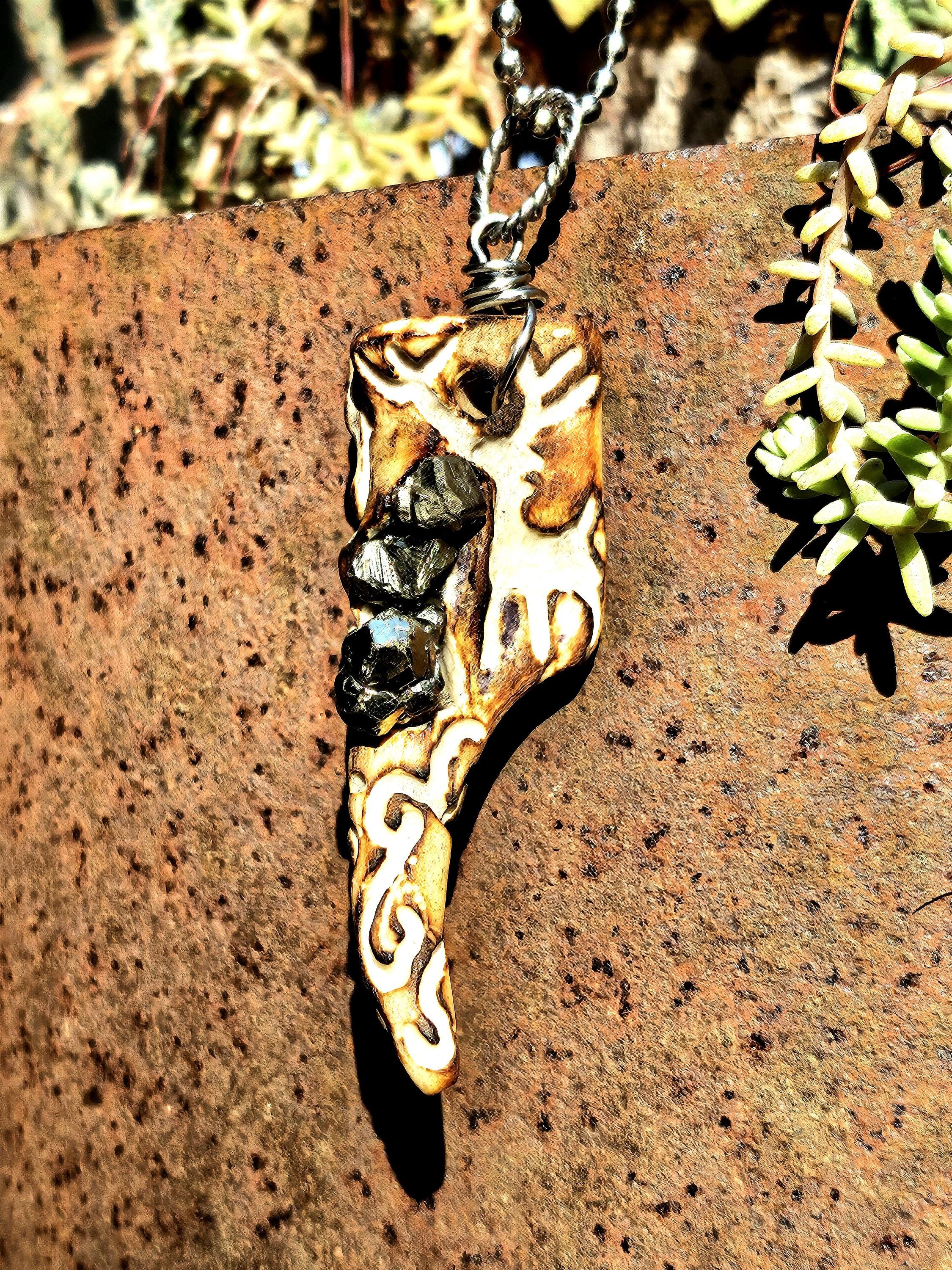 Hand Carved Deer Tine  Pyrite Nugget Pendant on Stainless Steel Chain  Rustic Woodland Jewelry Good Luck Charm for Nature Lovers