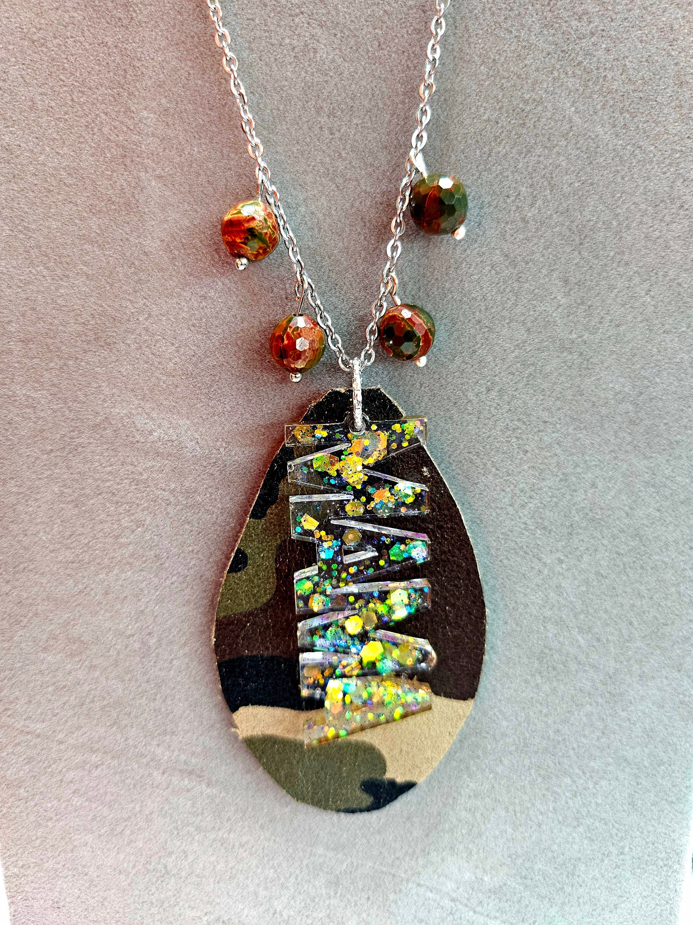 Mama Charm Leather Fringe Pendant with Cherry Creek Jasper Beads on Stainless Steel Chain - Stylish Camo Teardrop Accessory for Moms