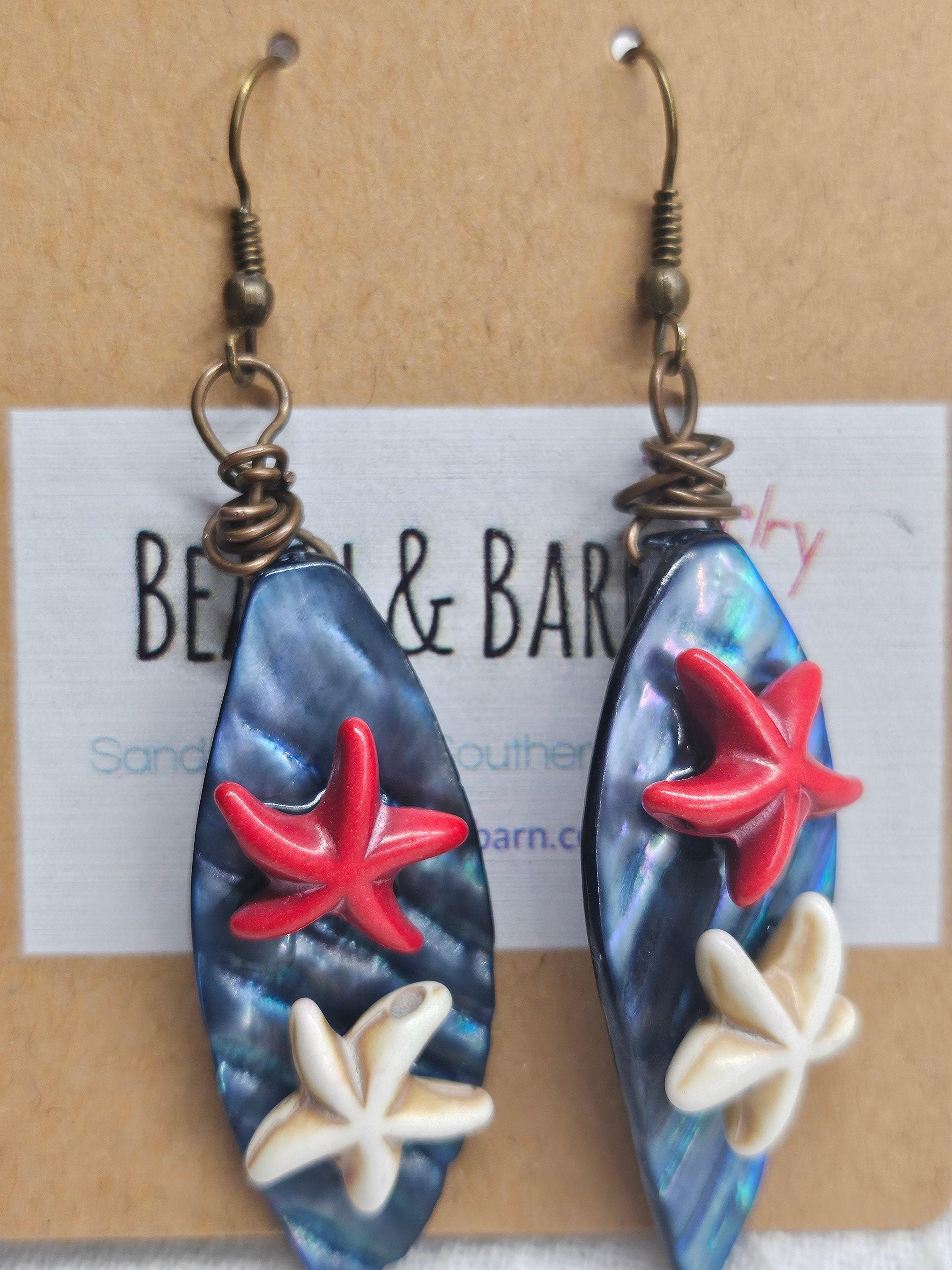 Handmade Blue Mother of Pearl  Magnesite Star Fish Earrings  Rustic Boho Jewelry Gift for Her  FREE SHIPPING