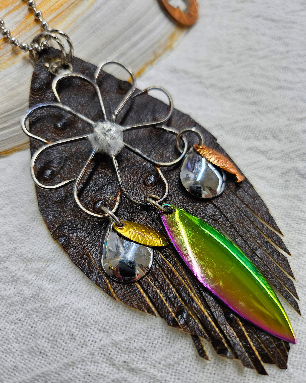 Fish Hook Leather Pendant Necklace on Stainless Steel Chain - Nautical Jewelry for Men  Women - Adventure-Inspired Accessory