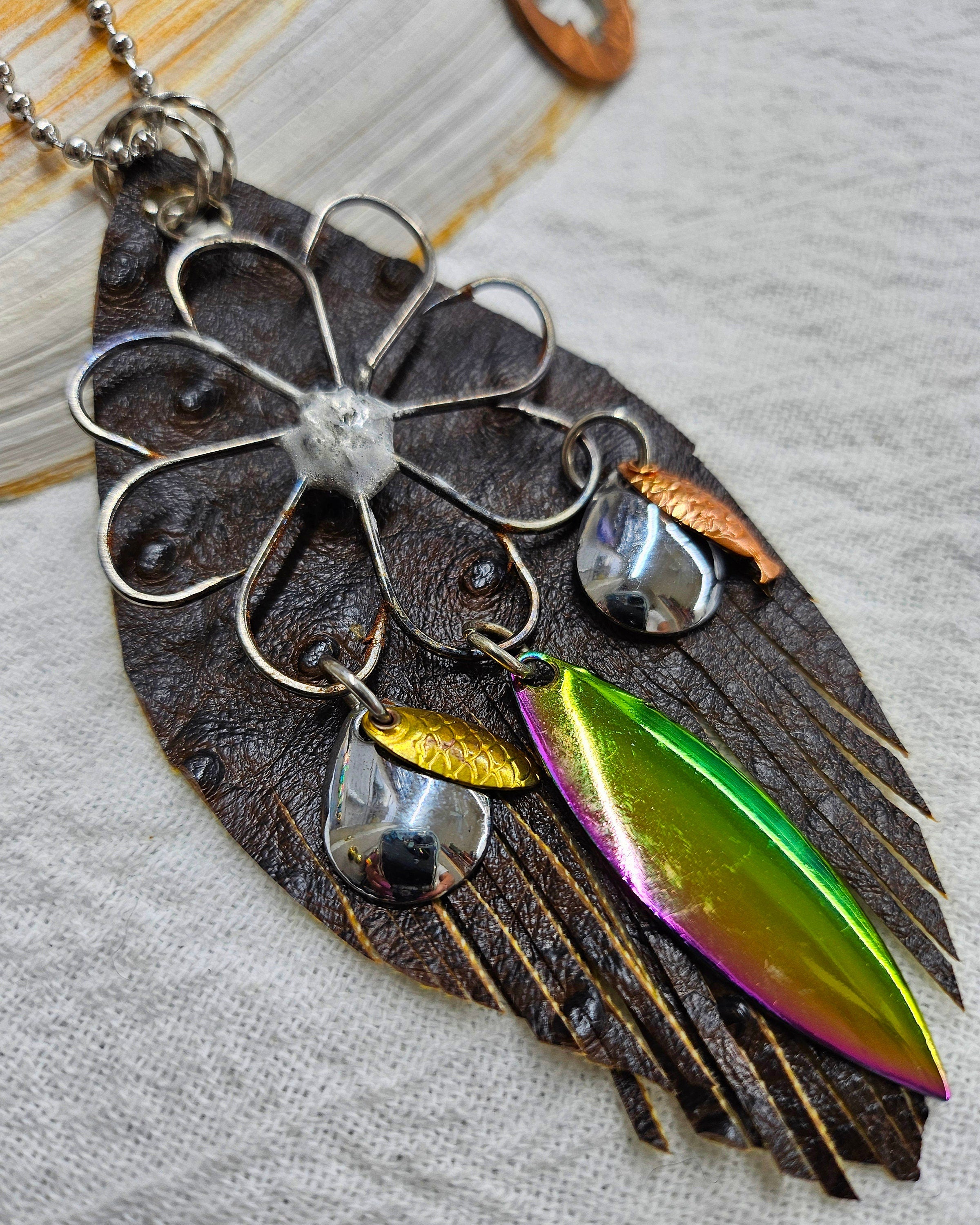 Fish Hook Leather Pendant Necklace on Stainless Steel Chain - Nautical Jewelry for Men  Women - Adventure-Inspired Accessory