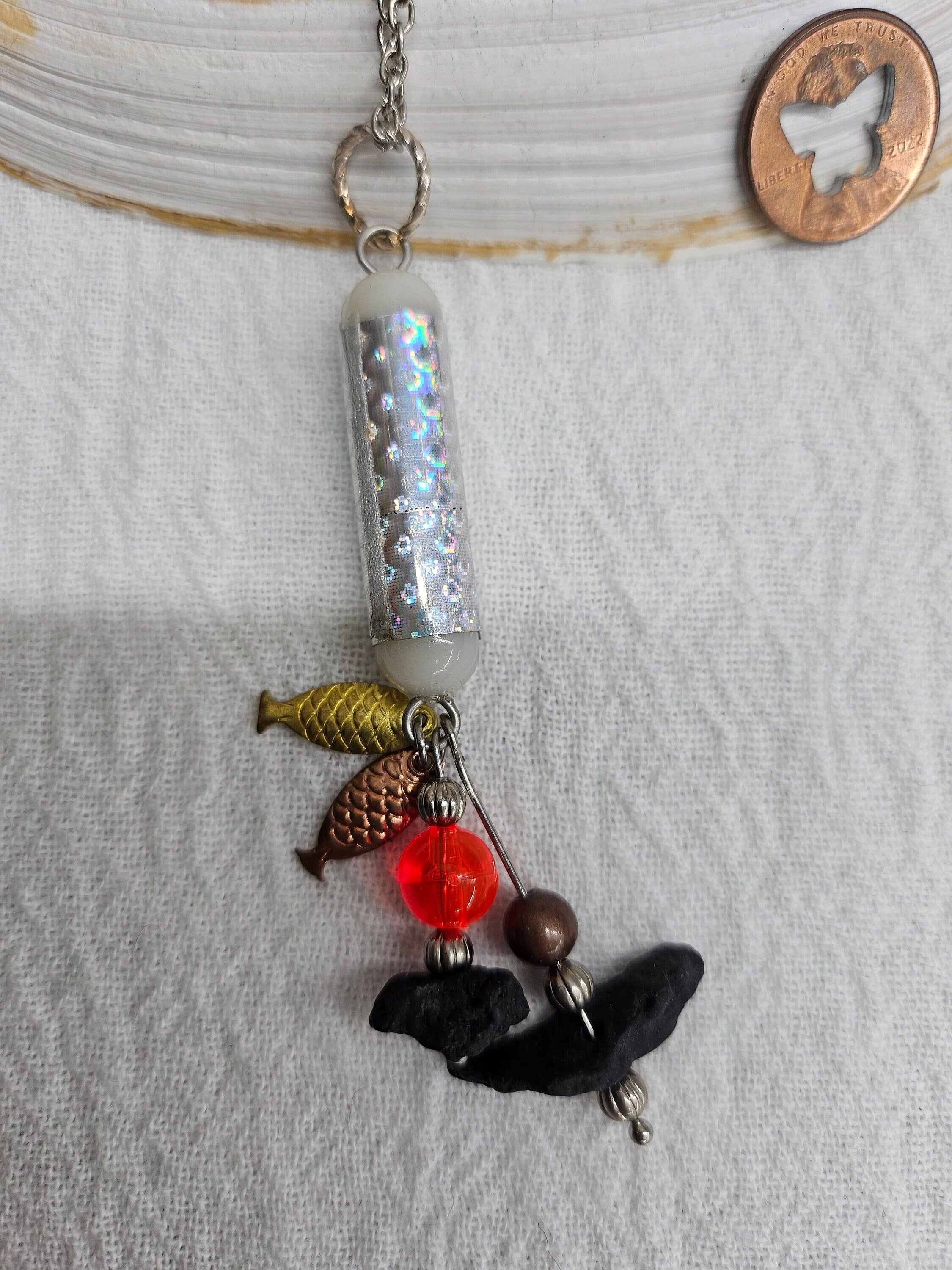 Fishing Charm Pendant with Lava Stone on Durable Stainless Steel Chain for Nature Lovers and Outdoor Enthusiasts