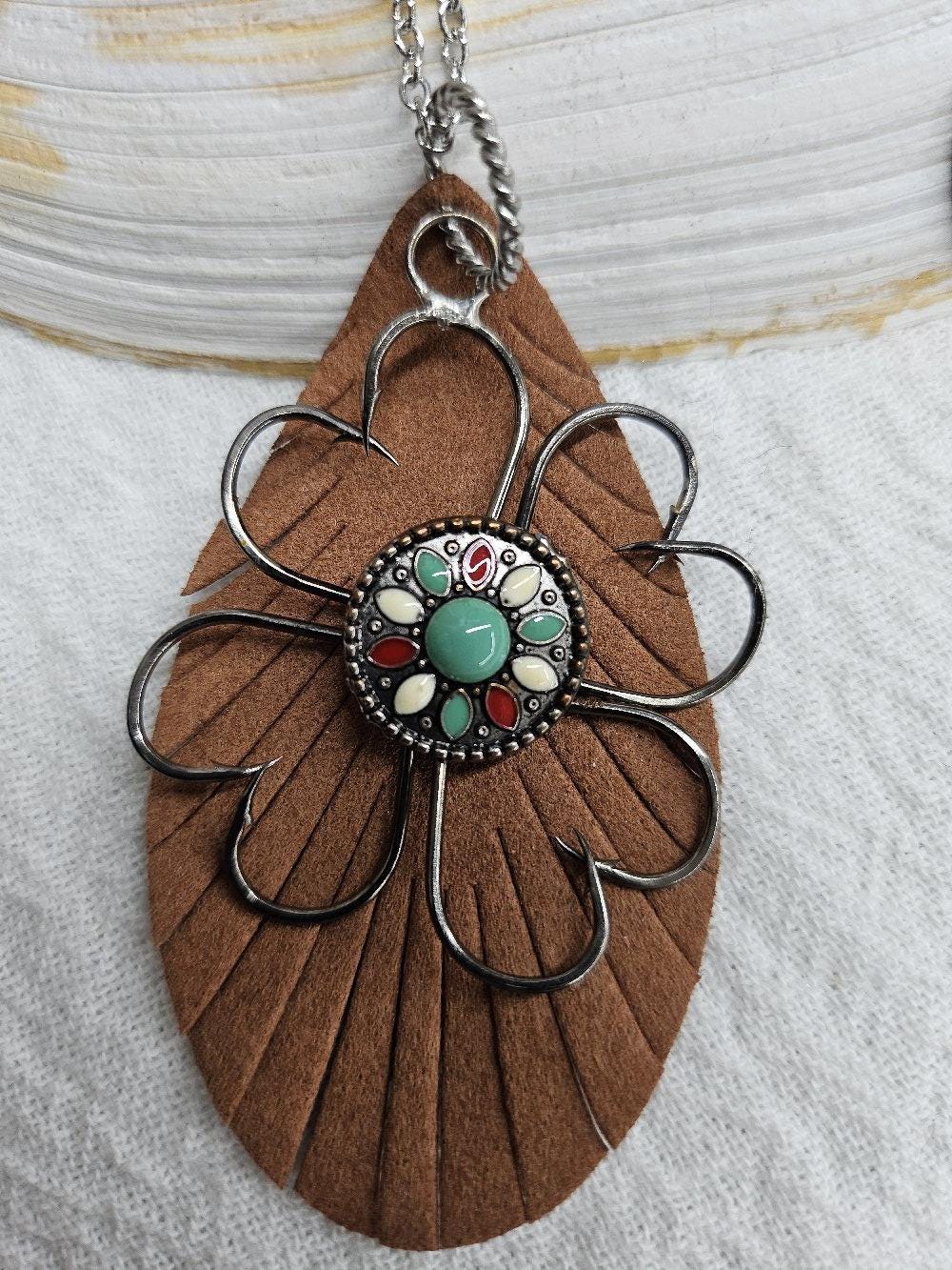 Fish Hook Pendant Necklace with Turquoise Leather Accents on Stainless Steel Chain for Ocean Lovers