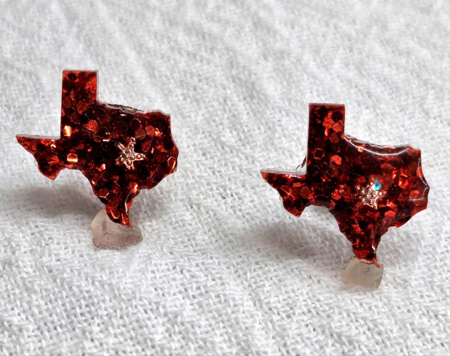 Texas Resin Stud Earrings with Glitter  Stainless Steel Post - Handmade Rustic Boho Jewelry for Everyday Wear Perfect Gift