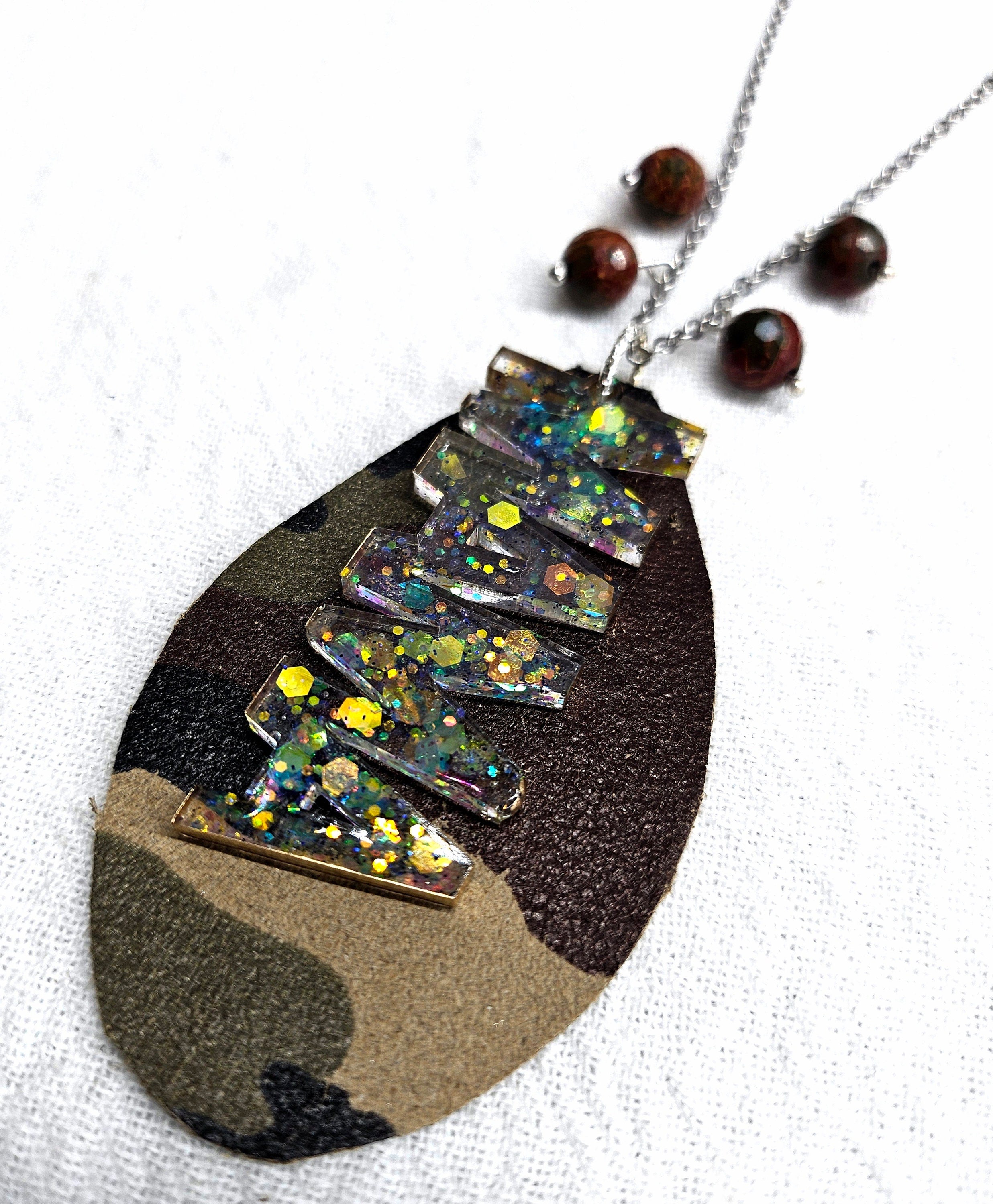 Mama Charm Leather Fringe Pendant with Cherry Creek Jasper Beads on Stainless Steel Chain - Stylish Camo Teardrop Accessory for Moms