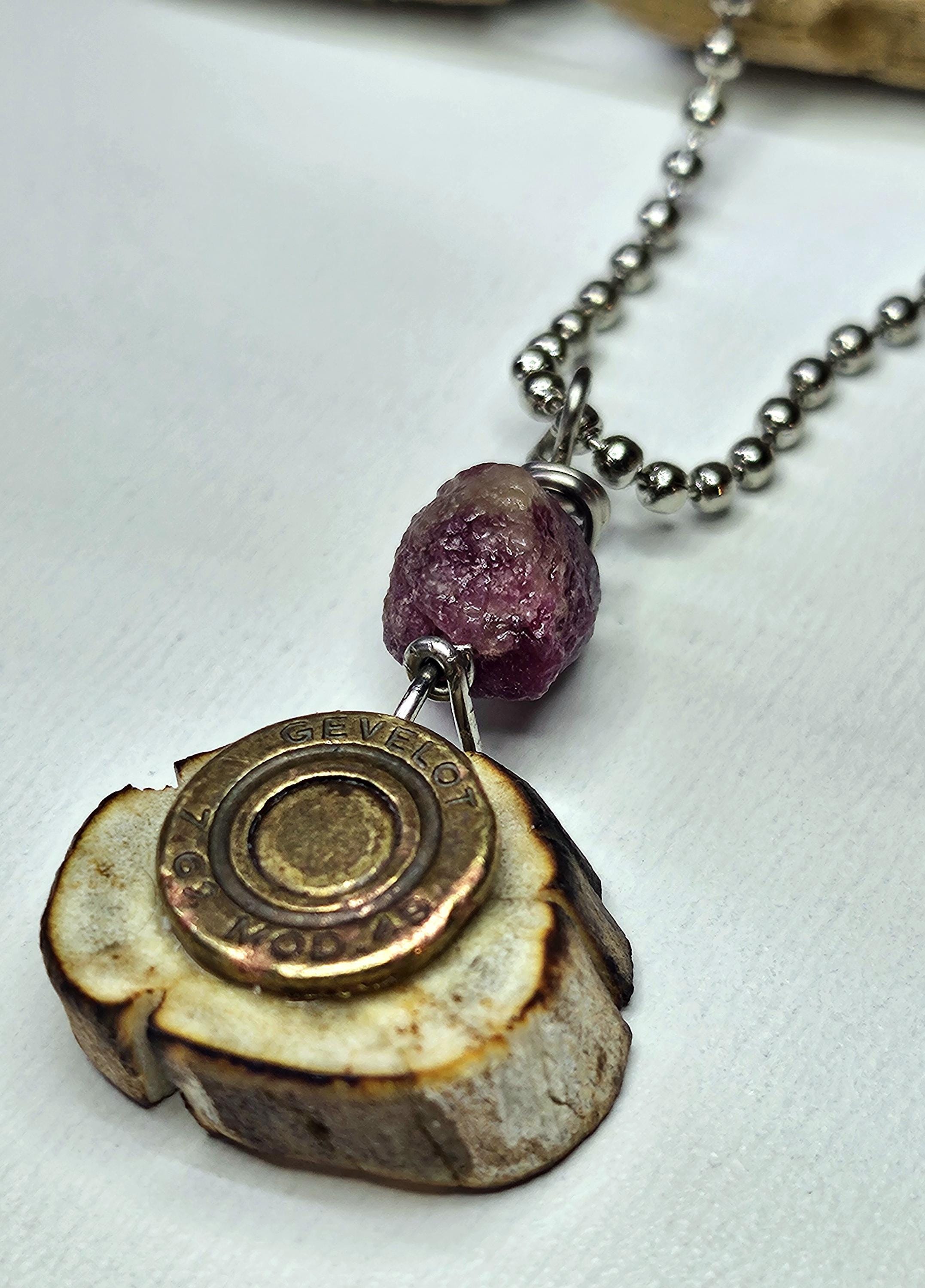 Deer Antler Slice Pendant with Bullet Brass  Pink Tourmaline Rustic Boho Handmade Jewelry Gift for Her Free Shipping
