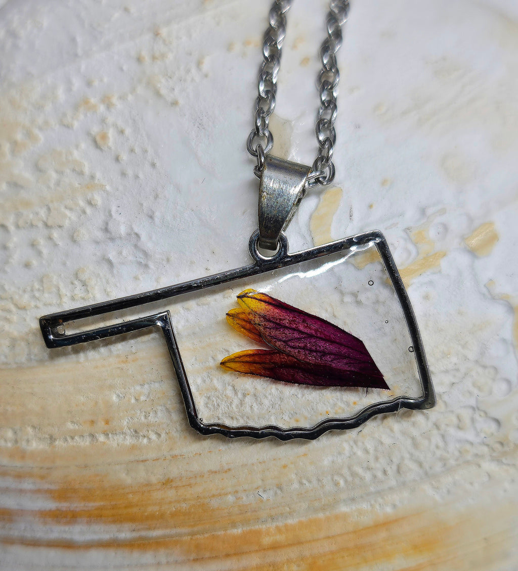 Oklahoma State Indian Blanket Flower Pendant Necklace on Stainless Steel Chain - Vibrant Floral Jewelry for Nature Lovers