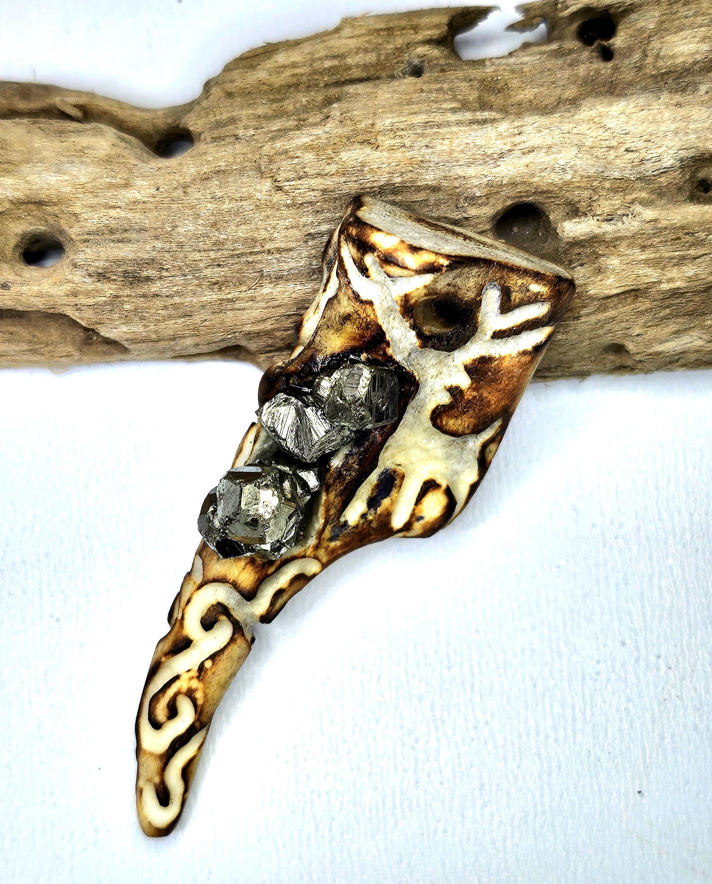 Hand Carved Deer Tine  Pyrite Nugget Pendant on Stainless Steel Chain  Rustic Woodland Jewelry Good Luck Charm for Nature Lovers