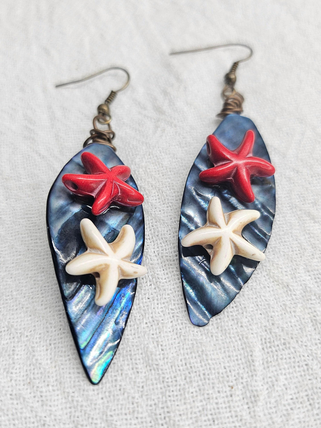 Handmade Blue Mother of Pearl  Magnesite Star Fish Earrings  Rustic Boho Jewelry Gift for Her  FREE SHIPPING