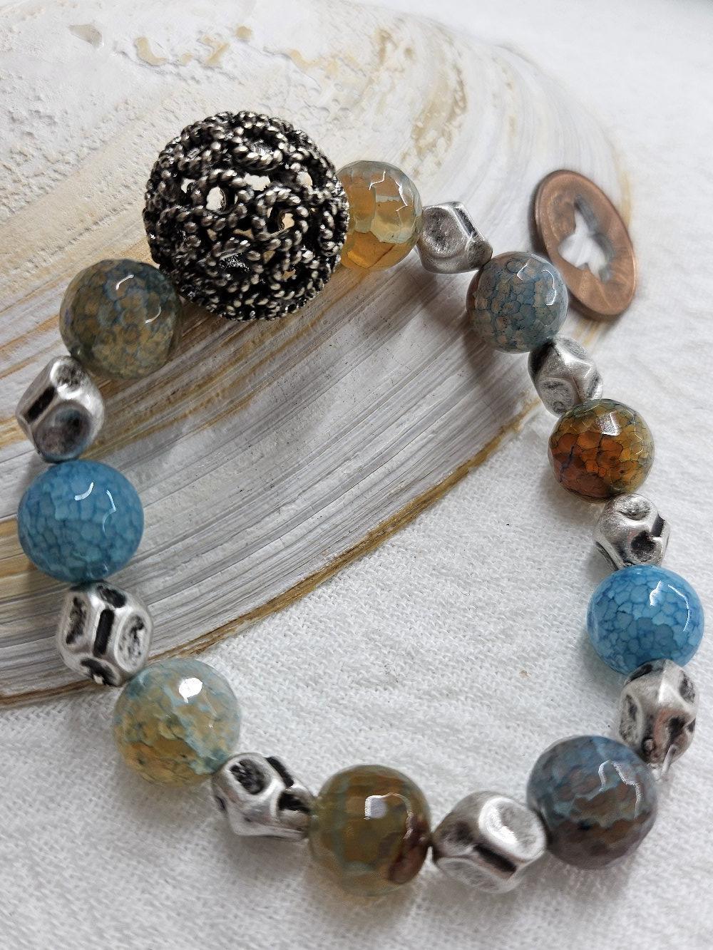 Natural Multi-Stone Filigree Stretch Bracelet for Rustic Boho Style - Unique Handmade Jewelry Gift for Her - Perfect for Weddings Beach