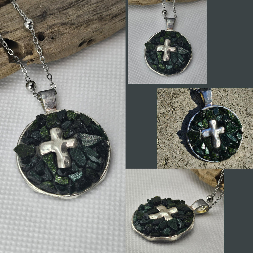 Micro Mosaic Cross Pendant on Durable Stainless Steel Chain - Artistic Jewelry for Unique Style and Conversation Starters