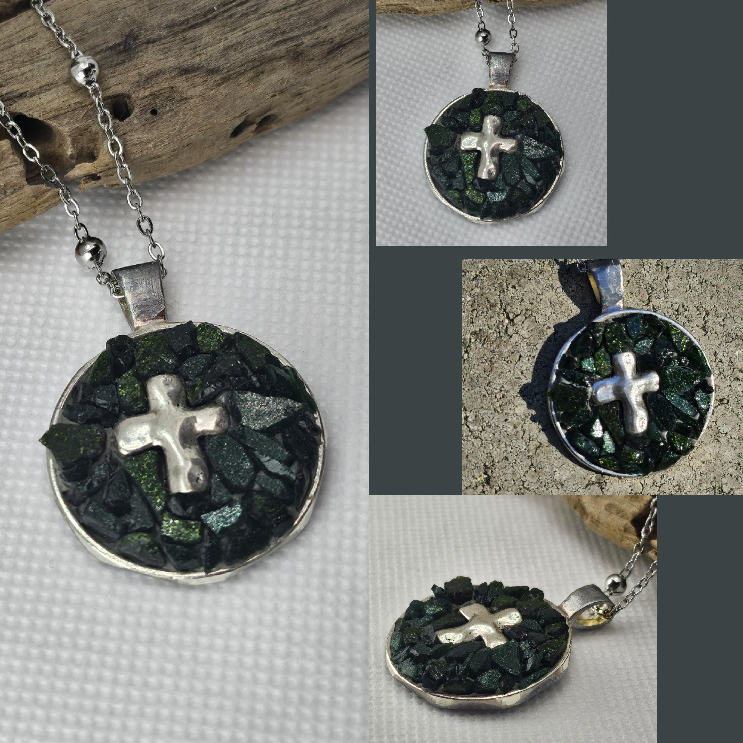 Micro Mosaic Cross Pendant on Durable Stainless Steel Chain - Artistic Jewelry for Unique Style and Conversation Starters